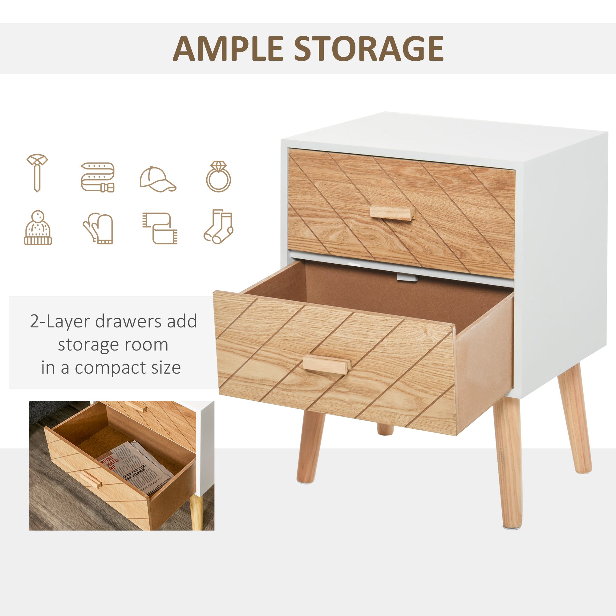 HOMCOM 2 Drawers Bedside Table with Pine Legs, Bedroom Wooden Storage Cabinet, Natural - North Peak Garden Furniture