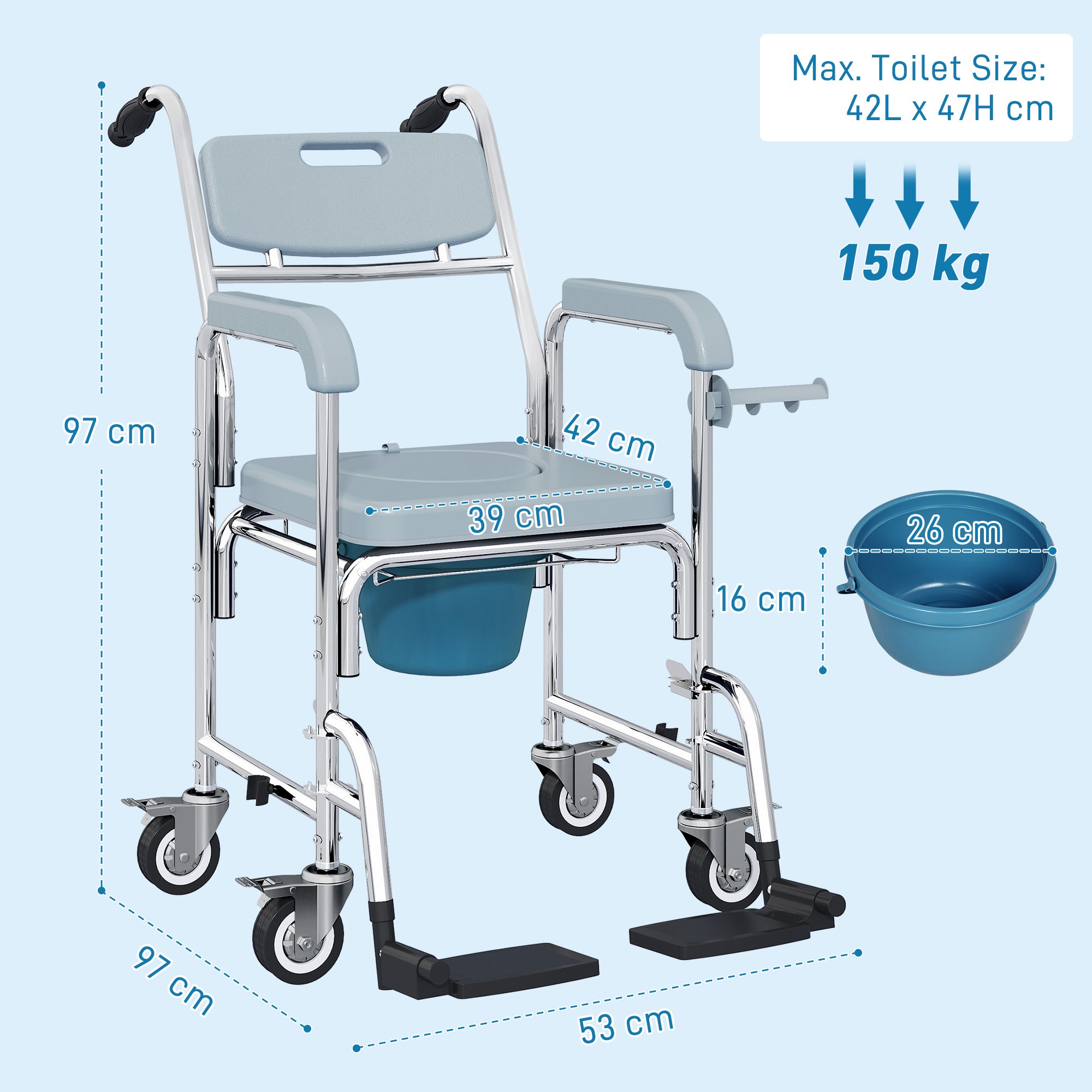 HOMCOM Rolling Shower Wheelchair for Seniors, Bedside Commode Chair with Locking Wheels, Seat, Backrest, Arms, Grey