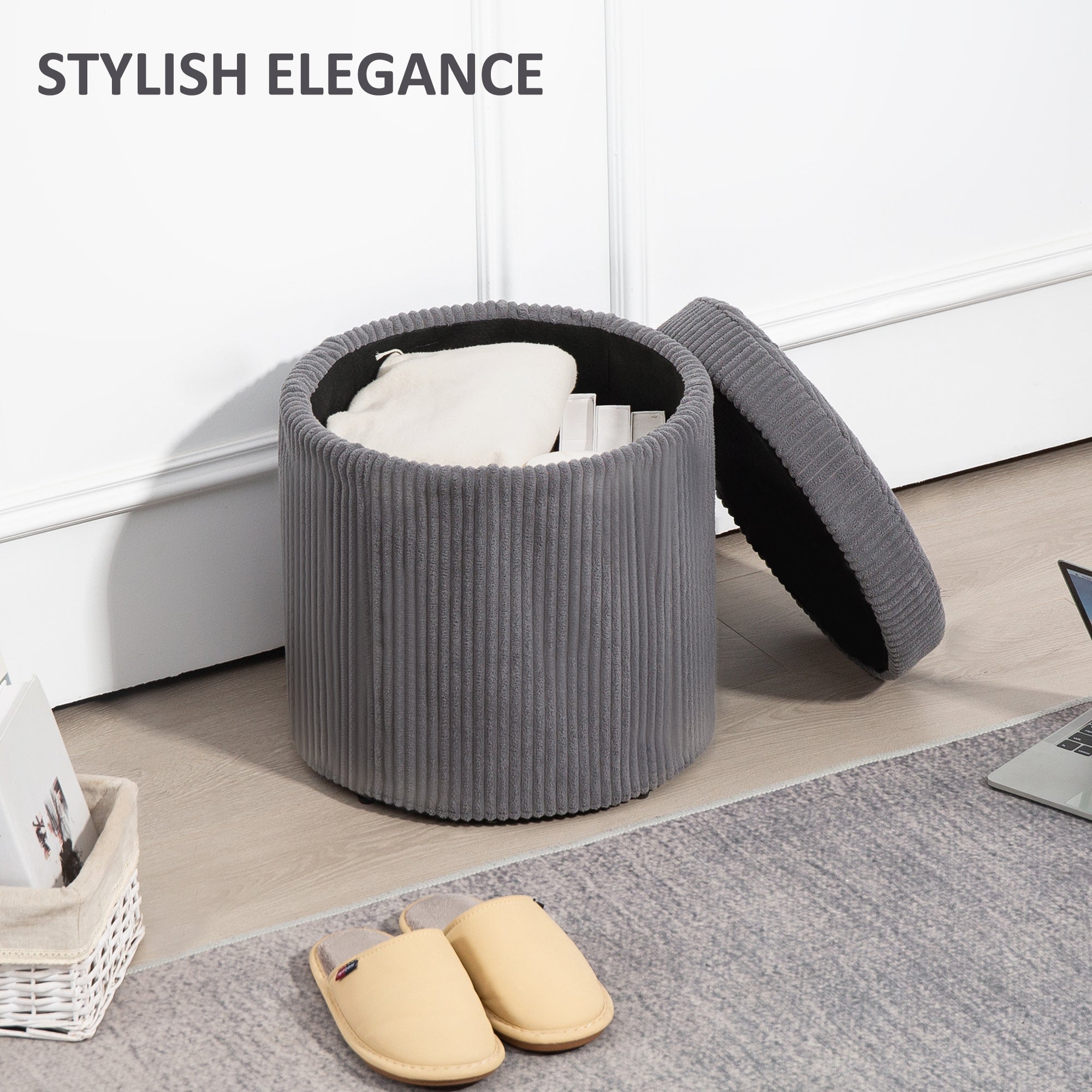 HOMCOM 40cm Round Storage Ottoman, Corduroy Footstool with Removable Lid and Legs, Vanity Stool for Living Room, Bedroom, Grey - North Peak Garden Furniture