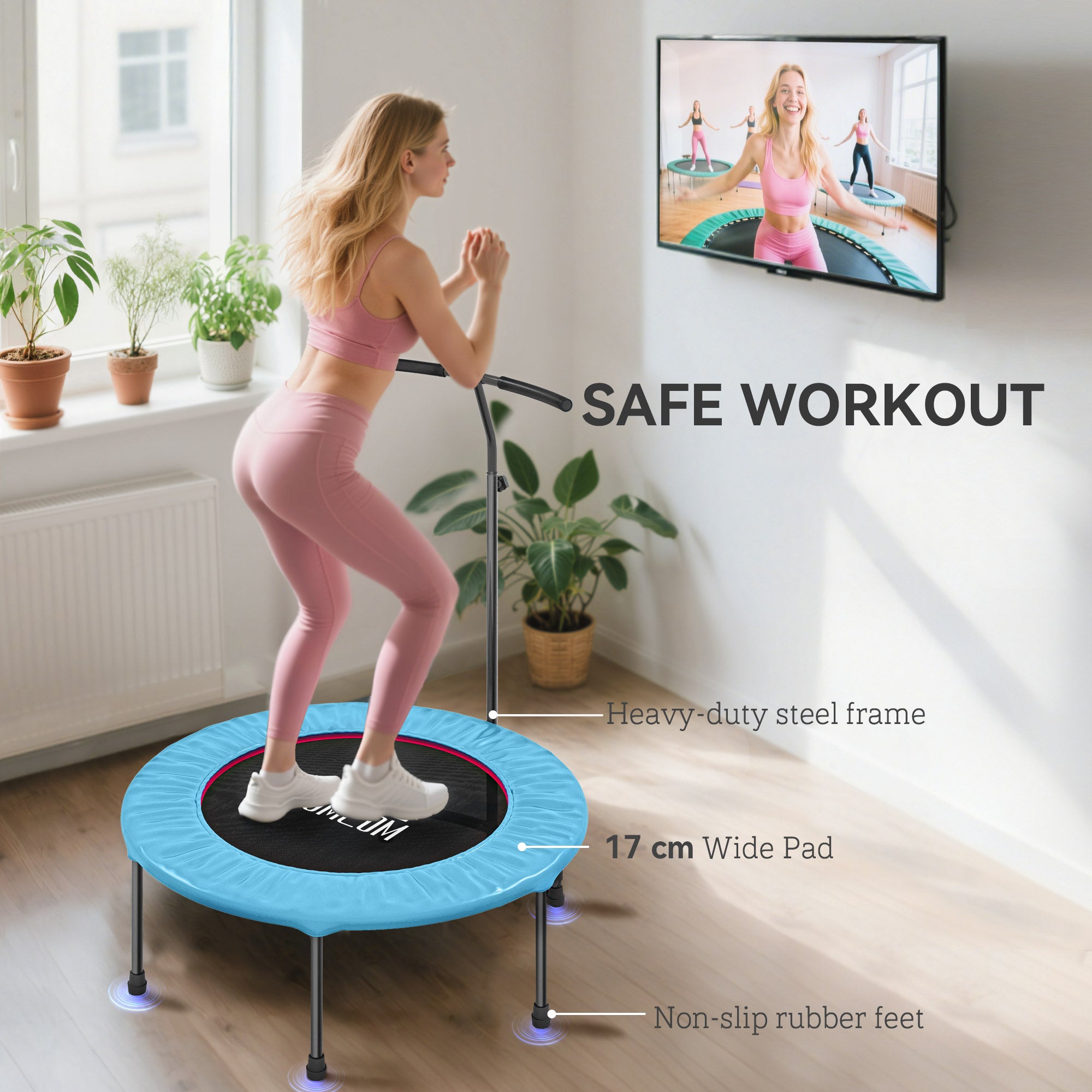 HOMCOM 40'' Fitness Trampoline with Adjustable Handle, Rebounder Trampoline Mini Jumper for Indoor Exercise Workout, Support Up to 100kg, Blue