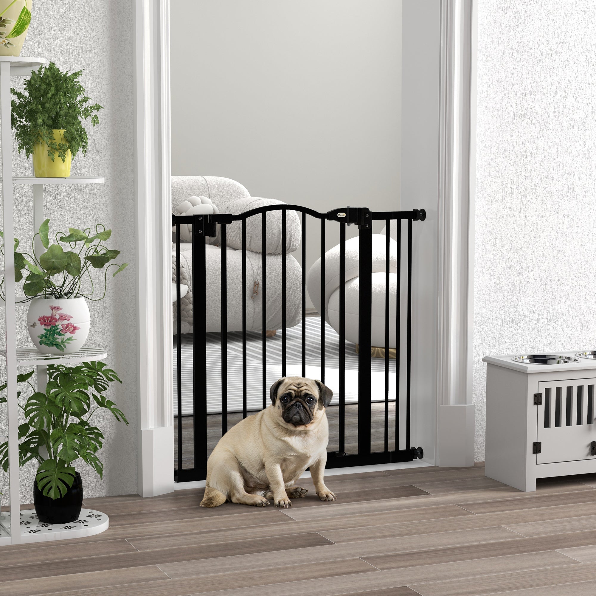 PawHut Metal 74-87cm Adjustable Pet Gate Safety Barrier w/ Auto-Close Door Black - North Peak Garden Furniture