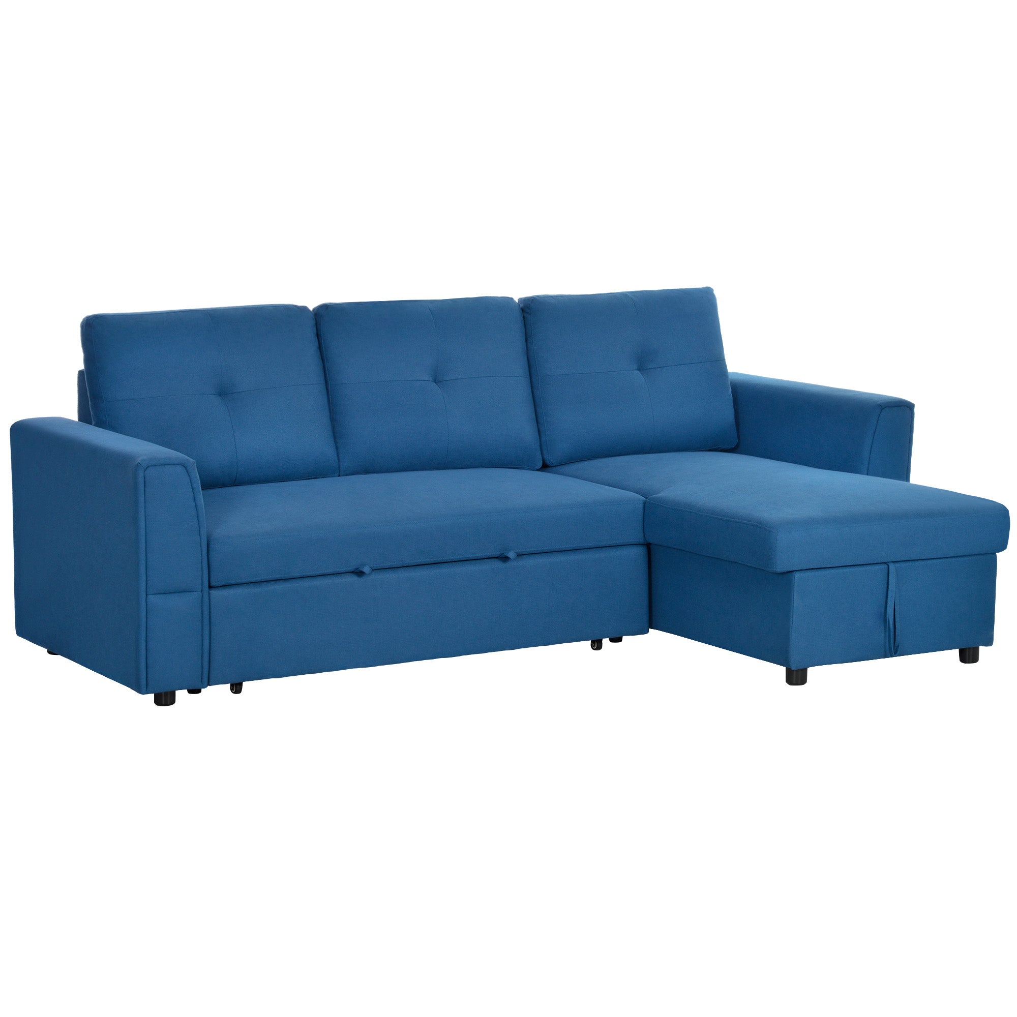 HOMCOM 3 Seater Sofa Bed, L-Shaped Corner Sofa, Pull Out Sofa with Storage, Convertible Click Clack Settee Sectional Sleeper Futon for Living Room, Office, Dark Blue - North Peak Garden Furniture