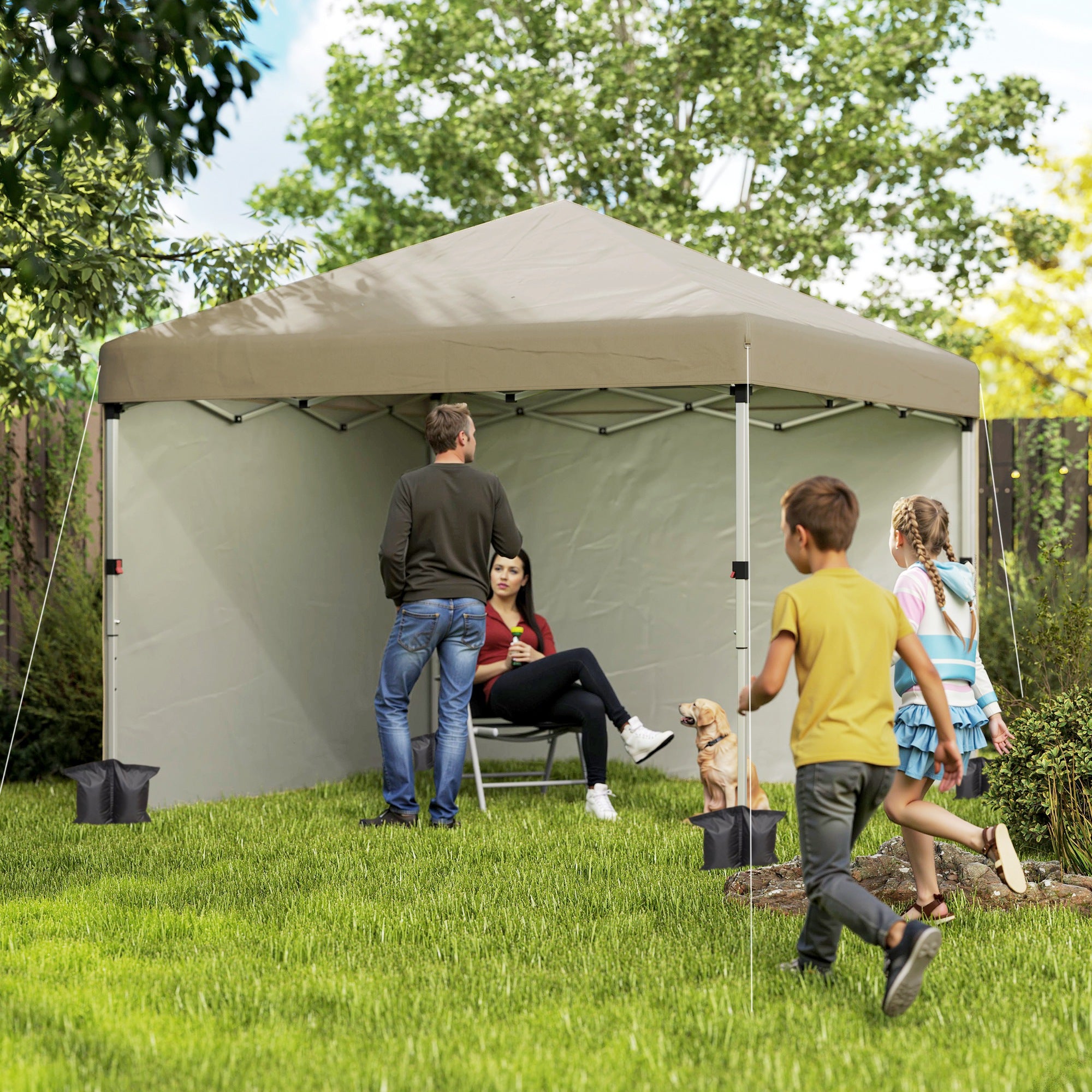 Outsunny 3 x 3 (M) Pop Up Gazebo, UPF 30+ with 2 Sidewalls, Leg Weight Bags and Wheeled Bag, Height Adjustable Party Tent Event Shelter for Garden, Patio, Khaki - North Peak Garden Furniture