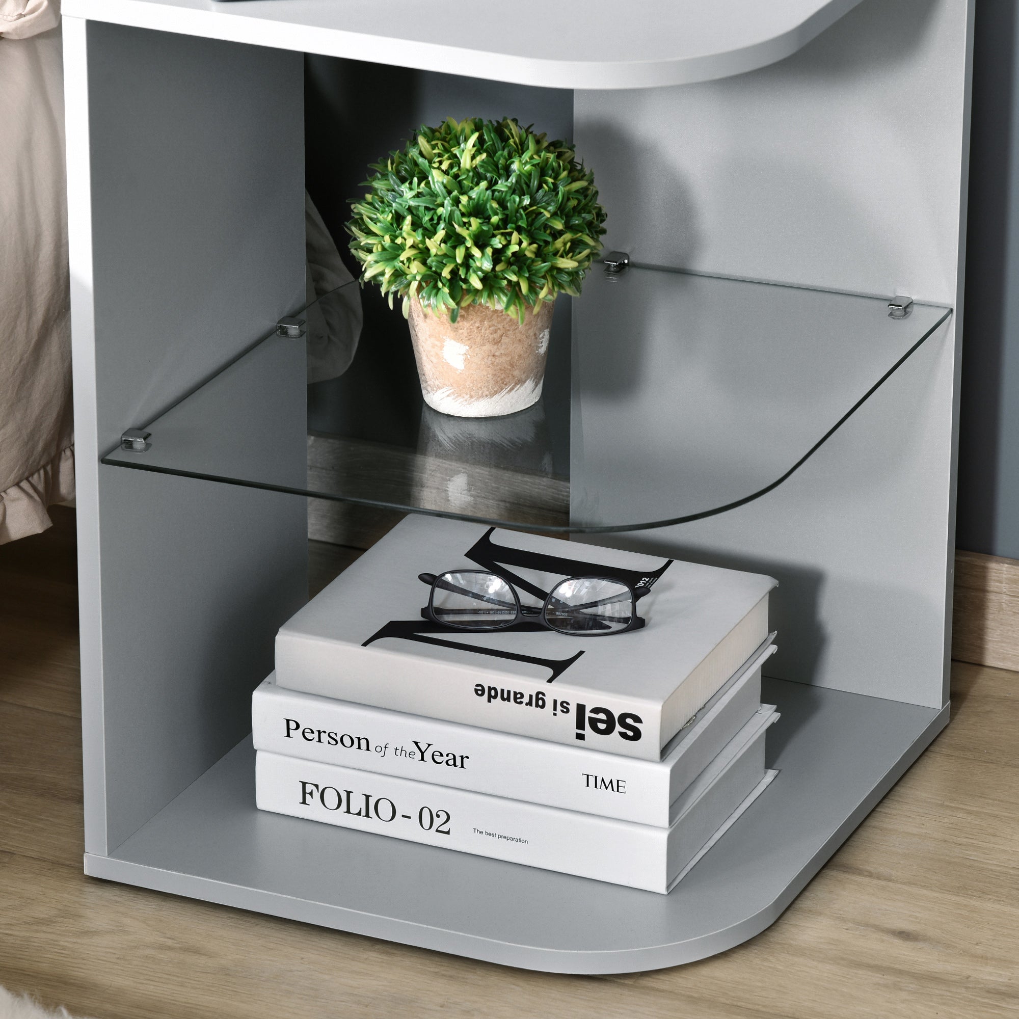 HOMCOM Modern Side Table Set of 2, Three Layer Bedside Table Nightstand with 2 Storage Shelves, for Living room, Bedroom, Grey - North Peak Garden Furniture