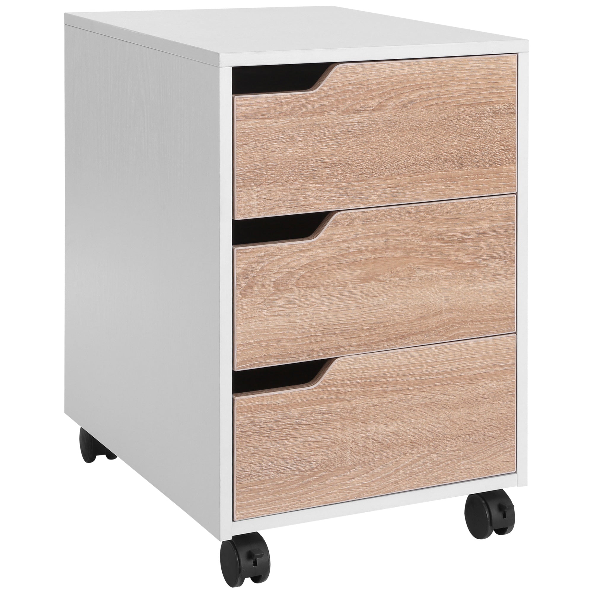 HOMCOM 3 Drawer Mobile File Cabinet, Vertical Filing Cabinet with Wheels for Home Office, Oak - North Peak Garden Furniture