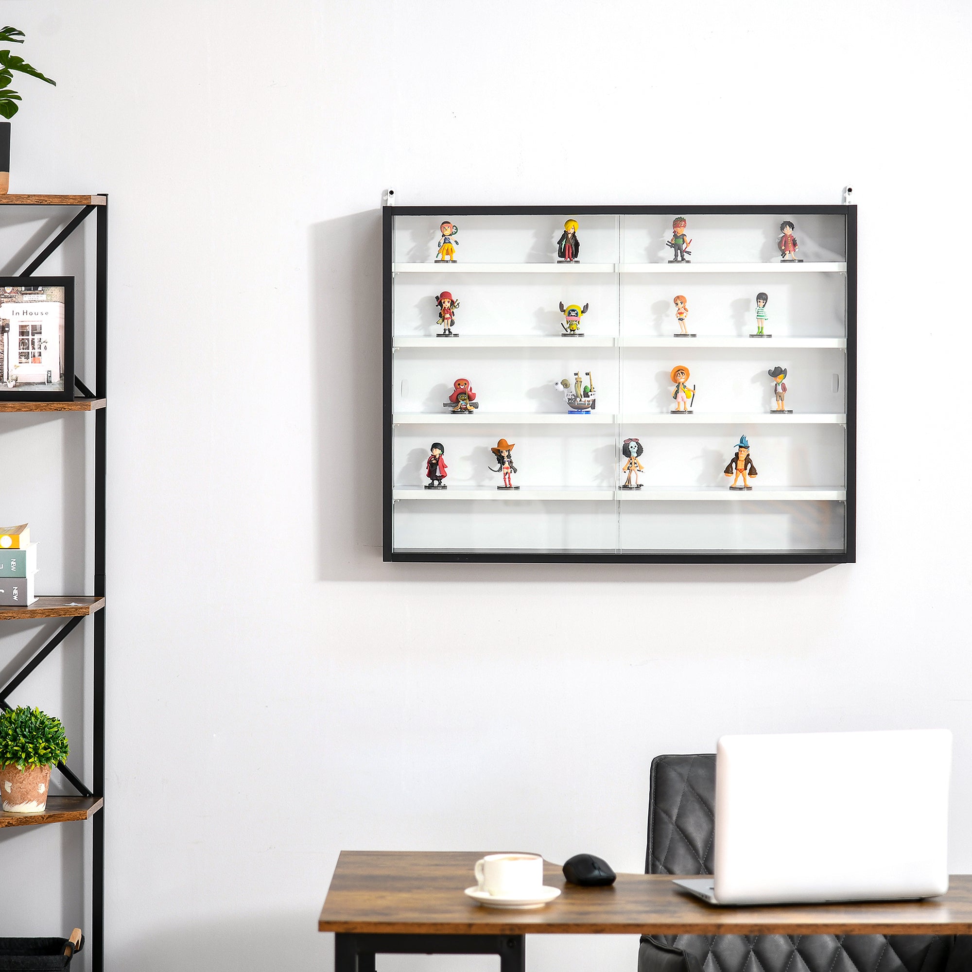 HOMCOM 5-Tier Wall Display Shelf Unit Cabinet w/ 4 Adjustable Shelves Glass Doors Home Office Ornaments 60x80cm Black/White - North Peak Garden Furniture