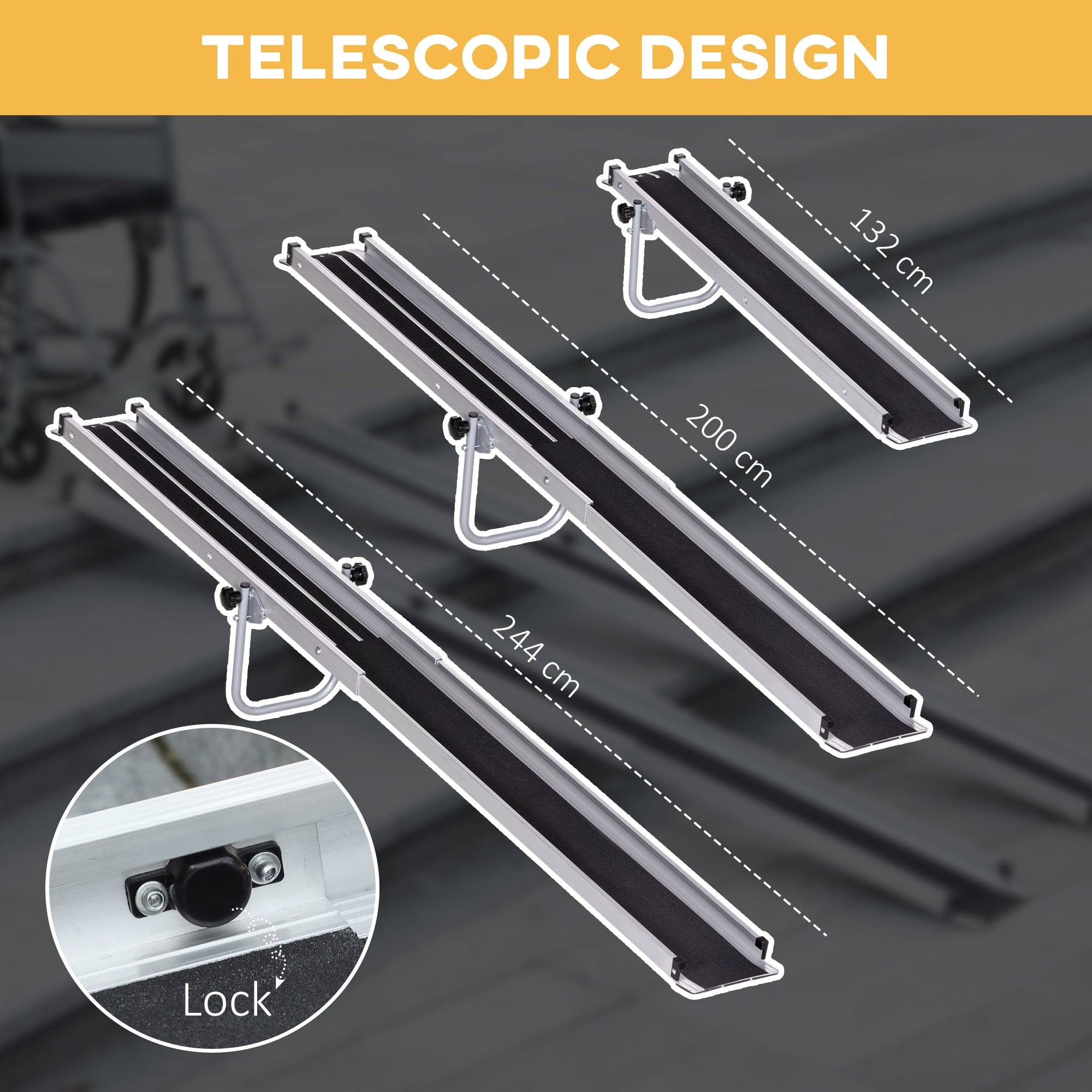 HOMCOM Set of Two 244cm Three-Level Aluminium Wheelchair Ramps - North Peak Garden Furniture
