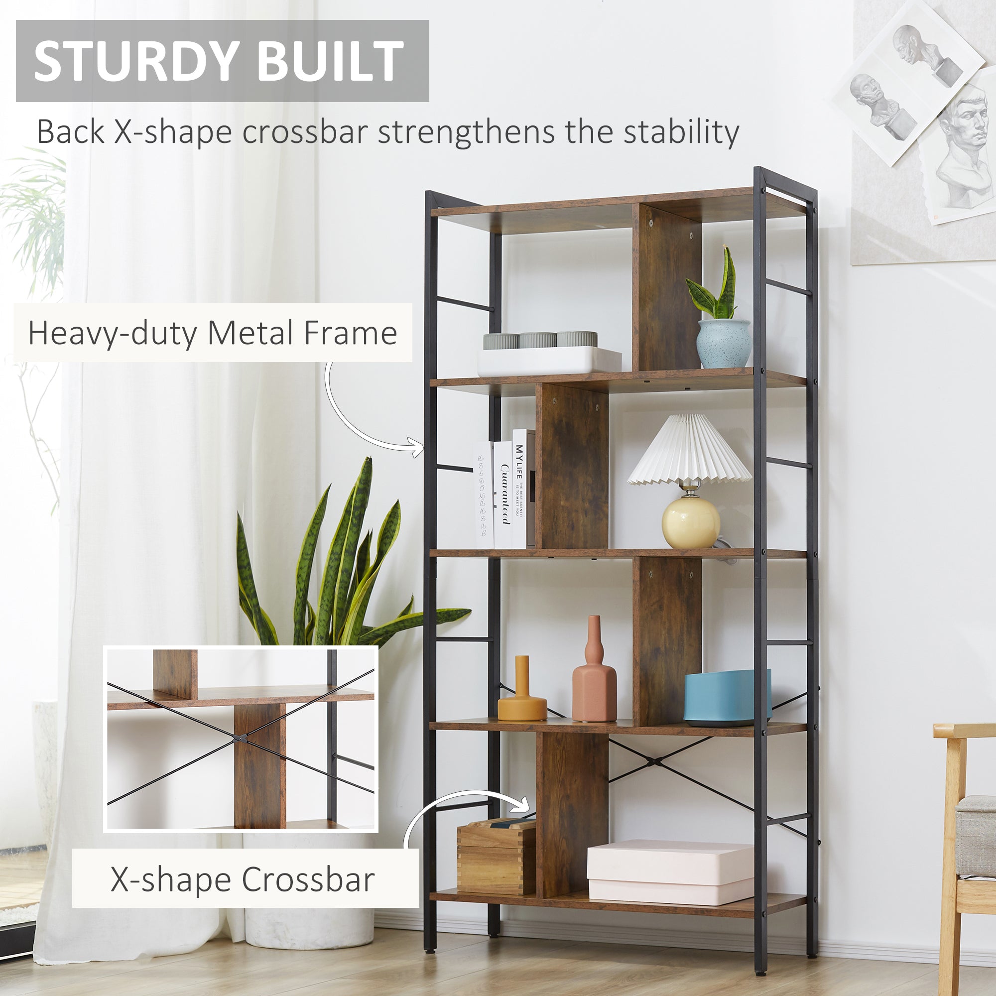 HOMCOM Industrial Storage Shelf Bookcase Closet Floor Standing Display Rack with 5 Tiers, Metal Frame for Living Room & Study, Rustic Brown - North Peak Garden Furniture