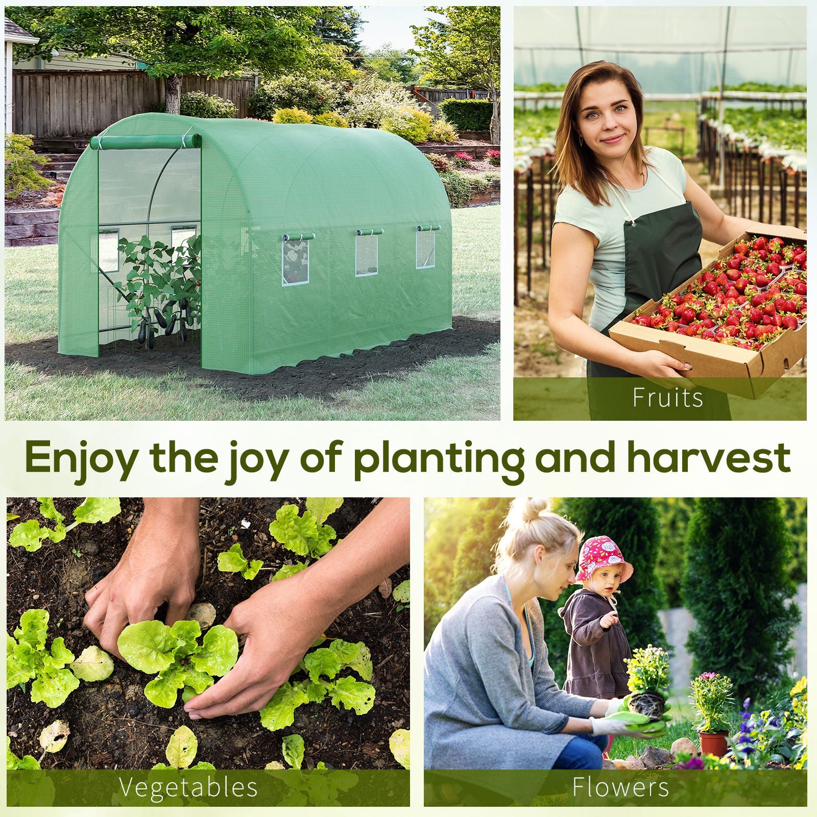 Outsunny 3.5 x 2m Walk-In Polytunnel Greenhouse, with Steel Frame, PE Cover, Roll-Up Door and 6 Windows, Green - North Peak Garden Furniture