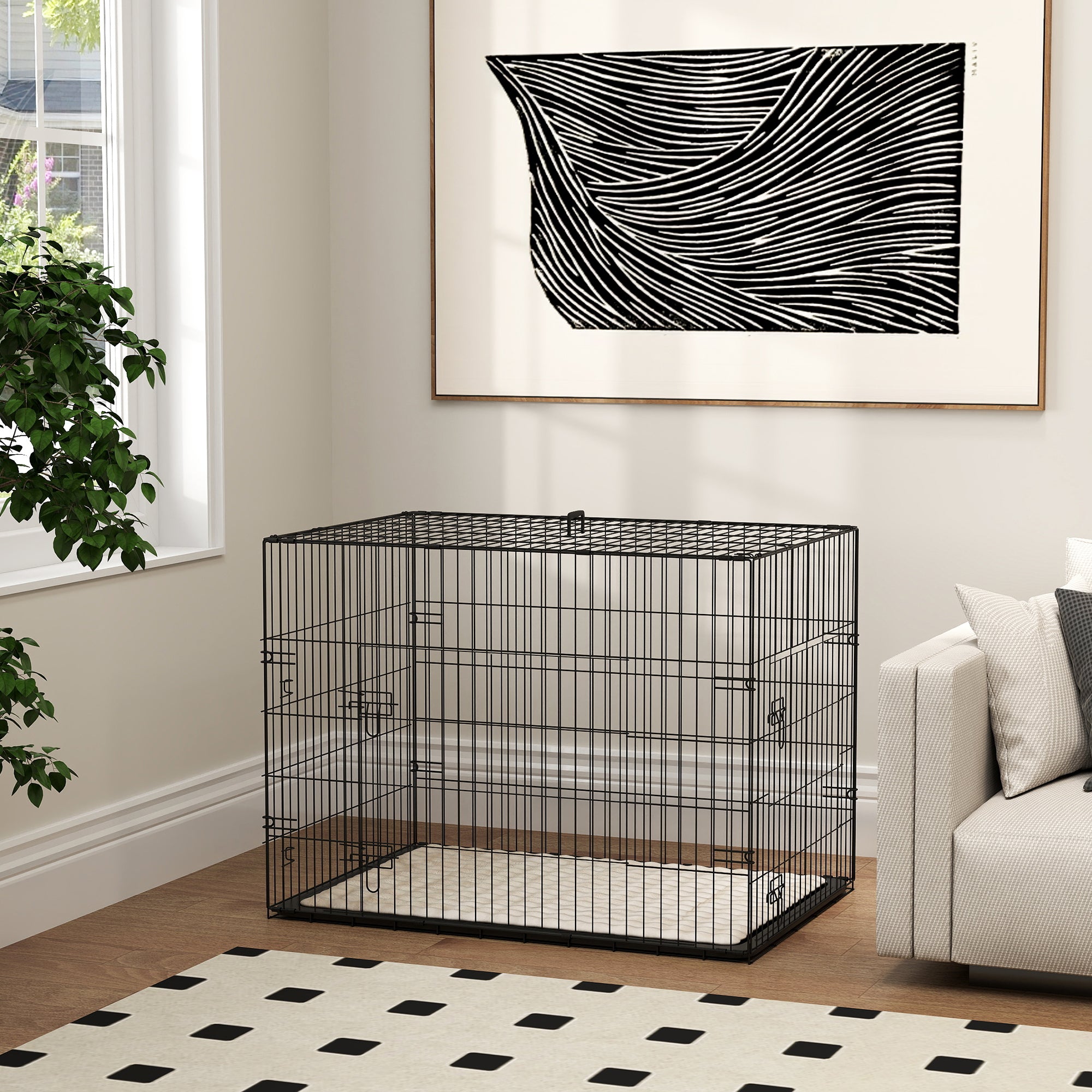 PawHut Dog Crate with 2 Doors with Tray, Soft Cushion, Foldable Metal Dog Cage for Large Medium Dogs, 91 x 62 x 68, Black - North Peak Garden Furniture