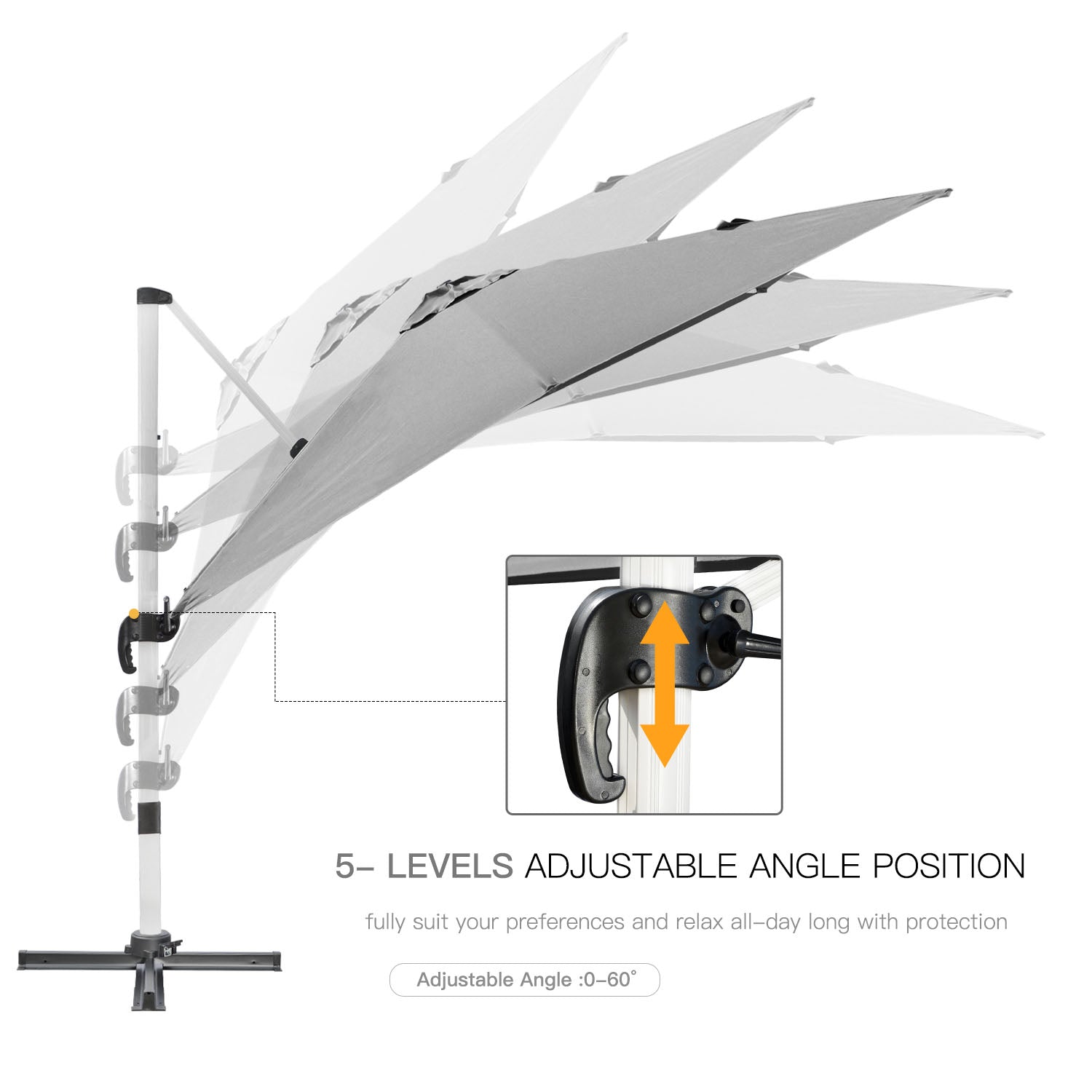 Outsunny 3 x 3(m) Cantilever Roma Parasol, Square Garden Umbrella with Cross Base, Crank Handle, Tilt, 360° Rotation and Aluminium Frame, Grey - North Peak Garden Furniture
