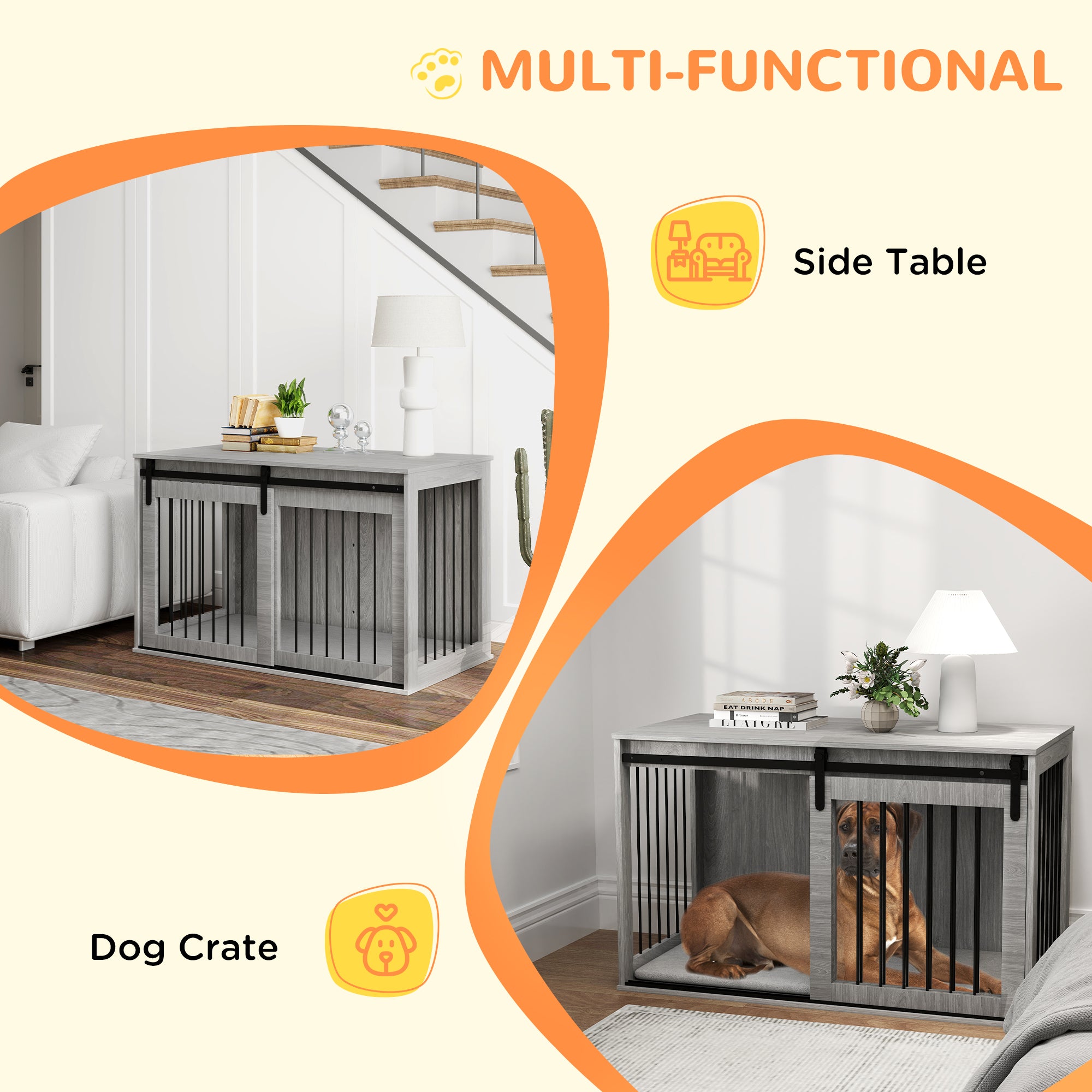 PawHut 118cm Dog Crate Furniture with Removable Cushion for Extra Large Dogs - Grey - North Peak Garden Furniture