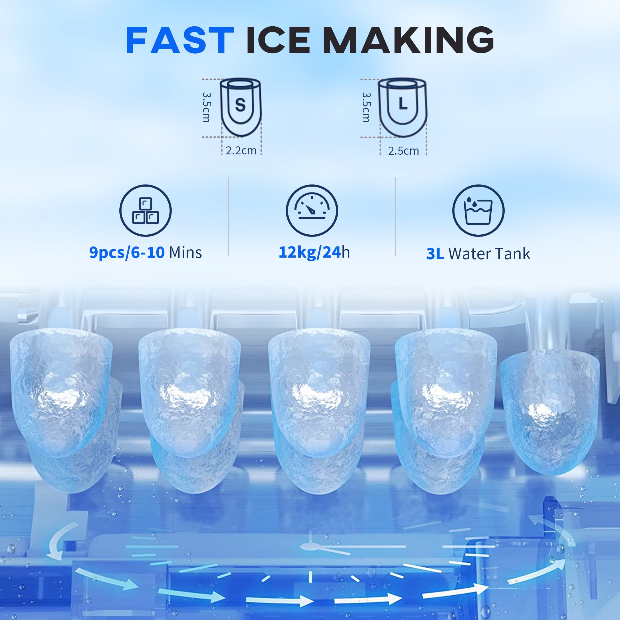 HOMCOM Ice Maker Machine and Water Dispenser, Counter Top Ice Cube Maker for Home with 3L Tank, Adjustable Cube Size, 9 Ice Cubes per 6-10 Minutes, No Plumbing Required, Silver