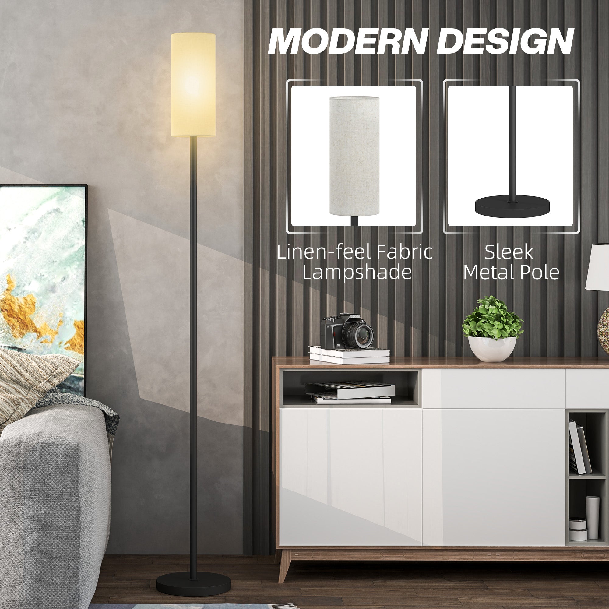 HOMCOM Floor Lamp for Living Room, Modern Standing Lamp with Linen Shade & Foot Switch, Minimalist Tall Pole Lampshade for Bedroom, Office, White - North Peak Garden Furniture