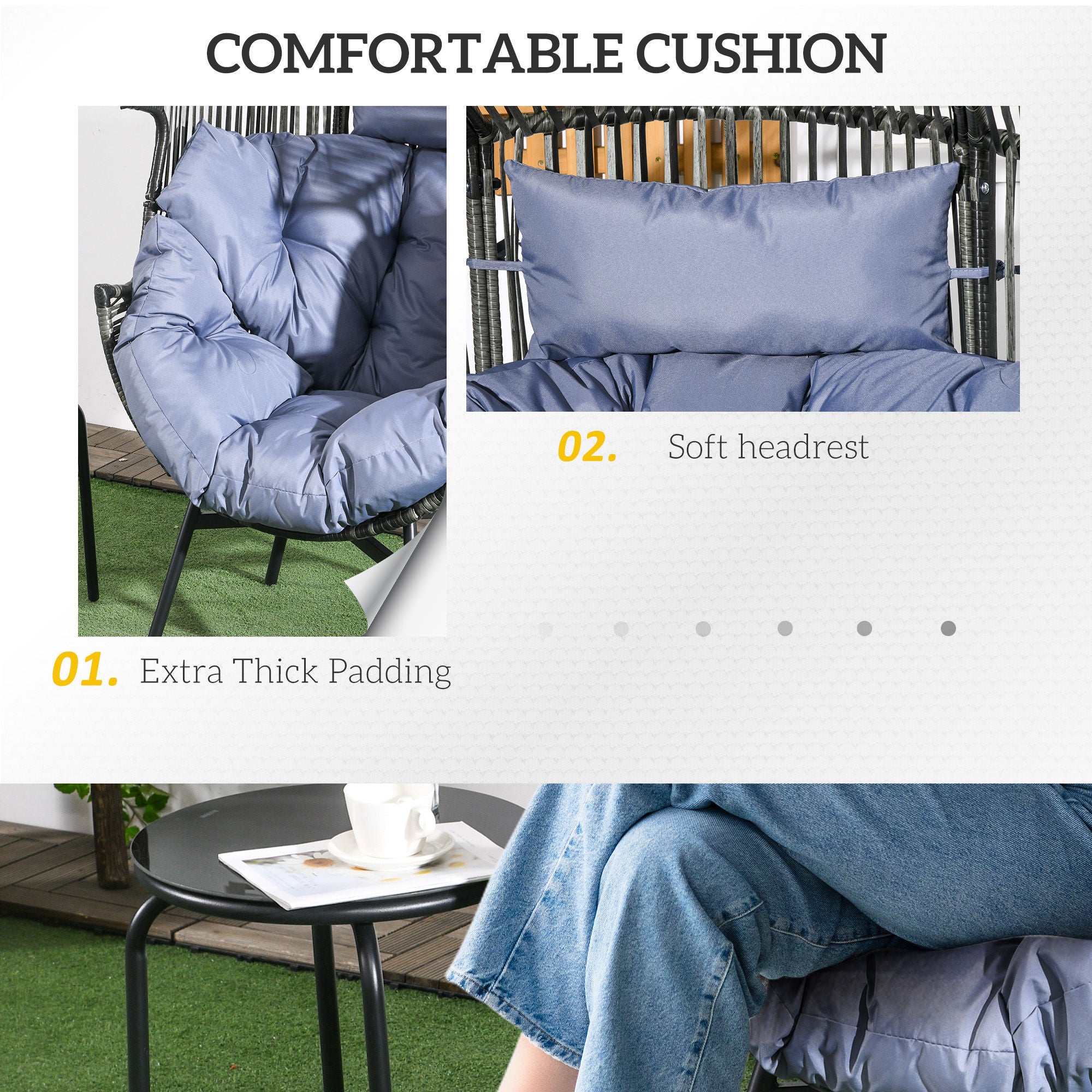 Outsunny String Rattan Egg Chair, with Padded Seat Cushion - Grey/Black - North Peak Garden Furniture