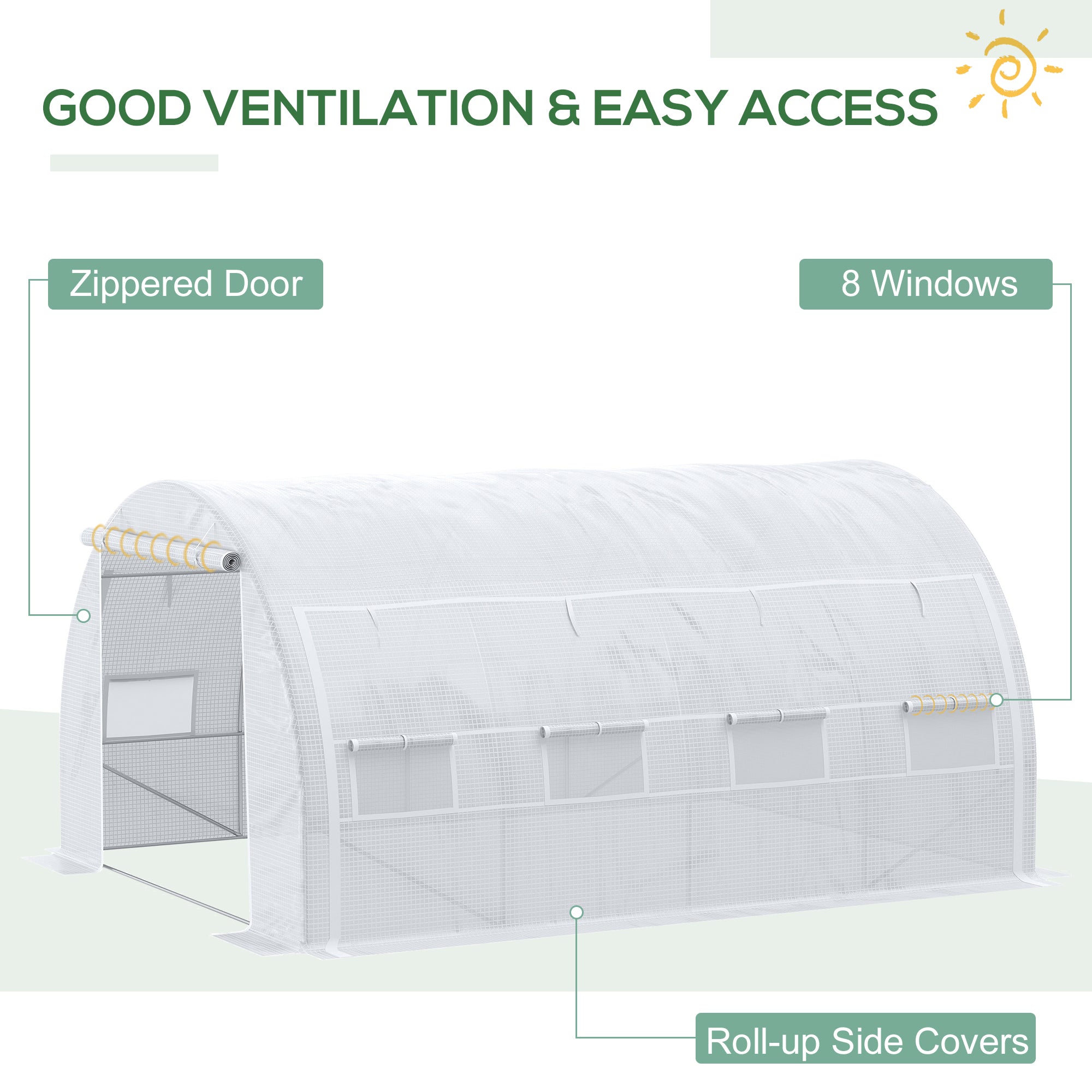 Outsunny 4 x 3 x 2 m Polytunnel Greenhouse with Roll-up Side Walls, Walk-in Grow House Tent with Steel Frame, Reinforced Cover, Zipped Door and 12 Mesh Windows for Garden, White - North Peak Garden Furniture