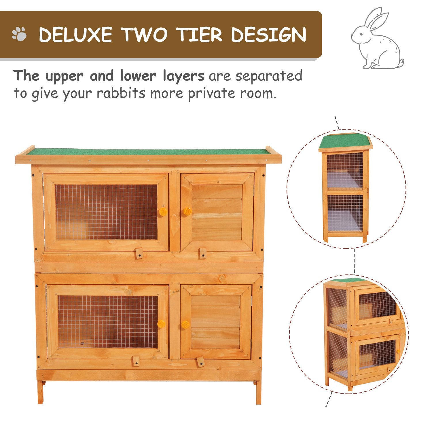 Pawhut 90cm 2 Tiers Double Decker Wooden Guinea Pigs Hutches Pet Cage