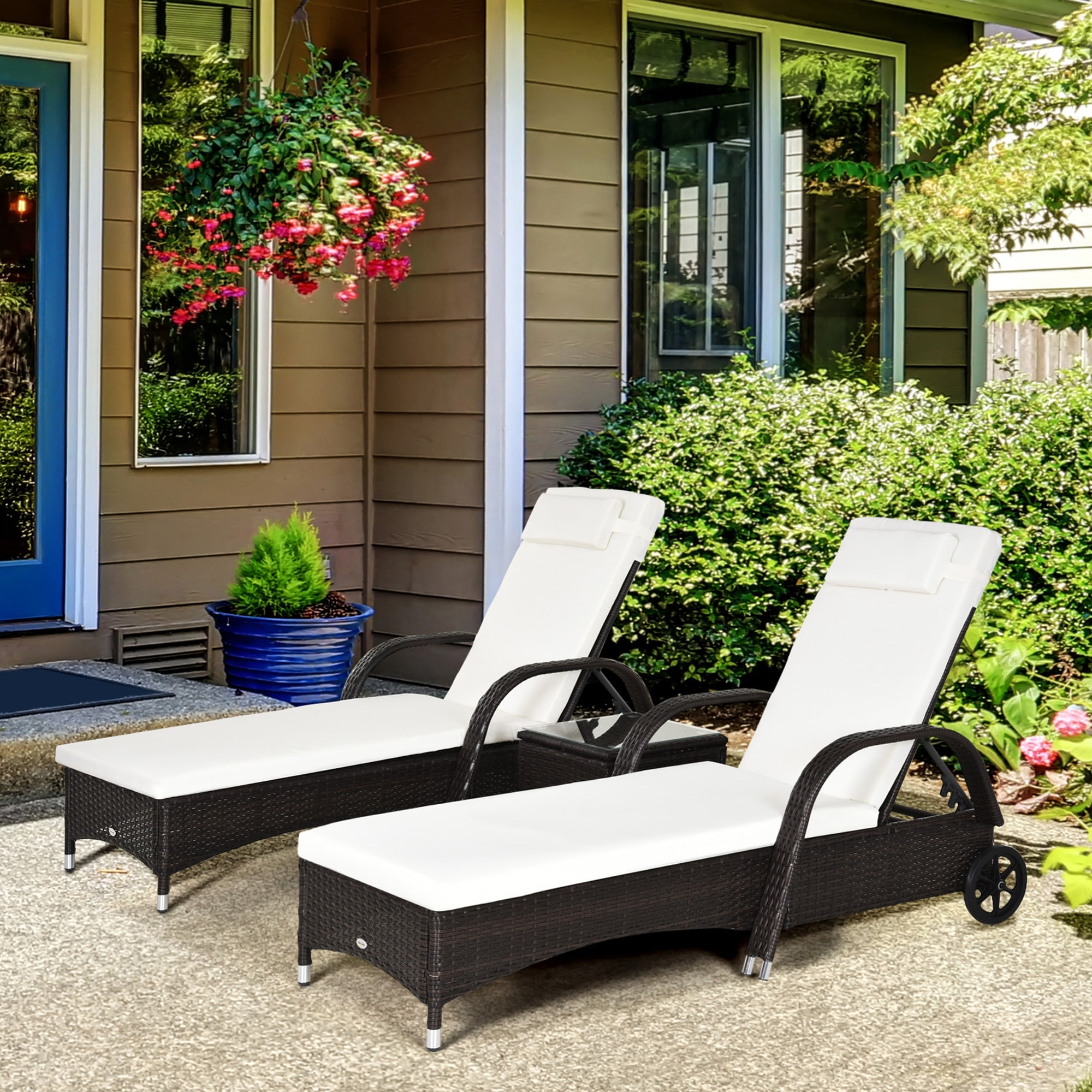 Outsunny 3 Pieces PE Rattan Patio Lounge Chair Set, Outdoor Recliner Lounge Chairs with Wheels, for Outside with Cushions, Headrest, Coffee Table for Garden, Poolside, Brown - North Peak Garden Furniture