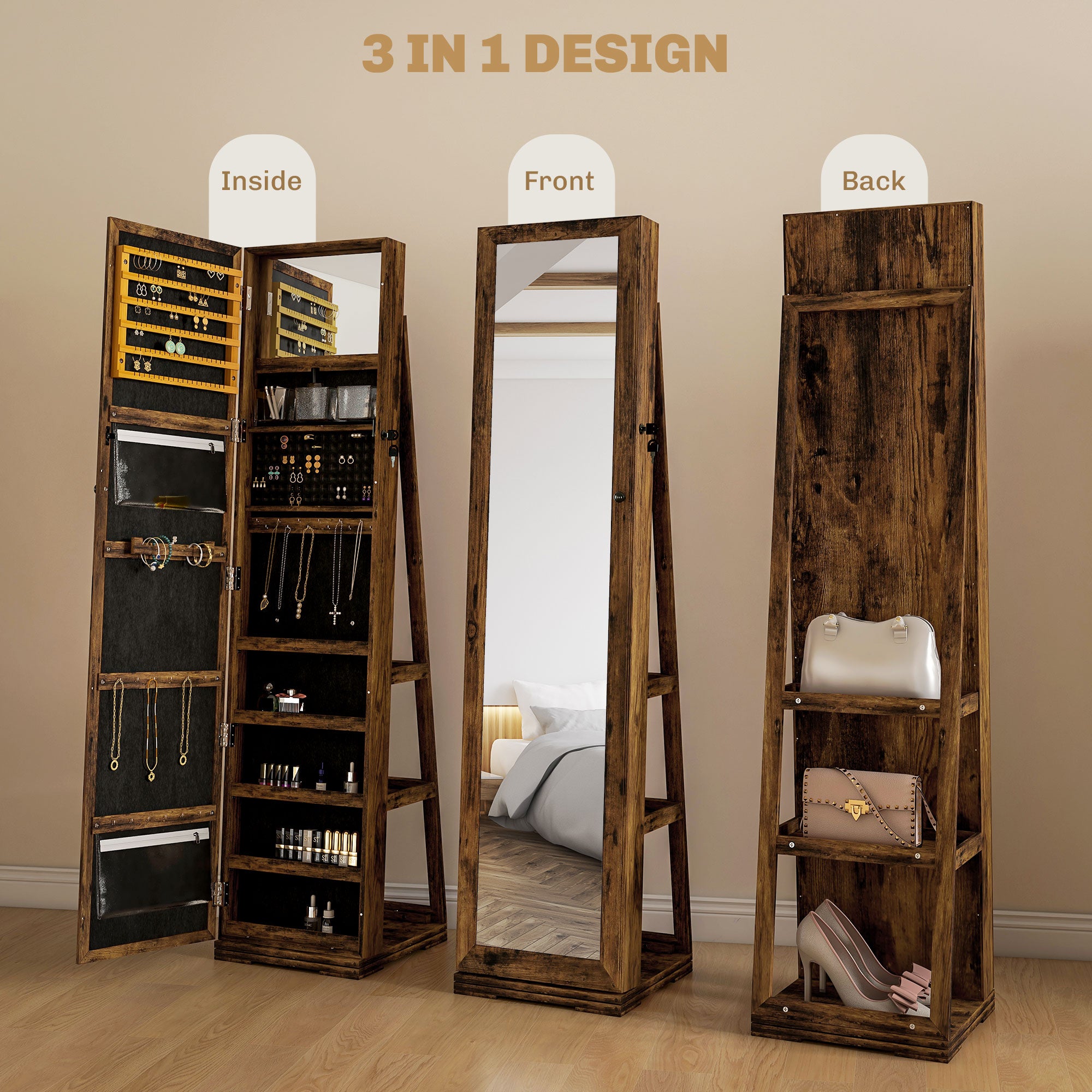 HOMCOM 360° Swivel Jewellery Cabinet, Mirror Armoire, Full Length Mirror, Lockable Jewellery Organiser with Built-In Small Mirror, Rustic Brown - North Peak Garden Furniture