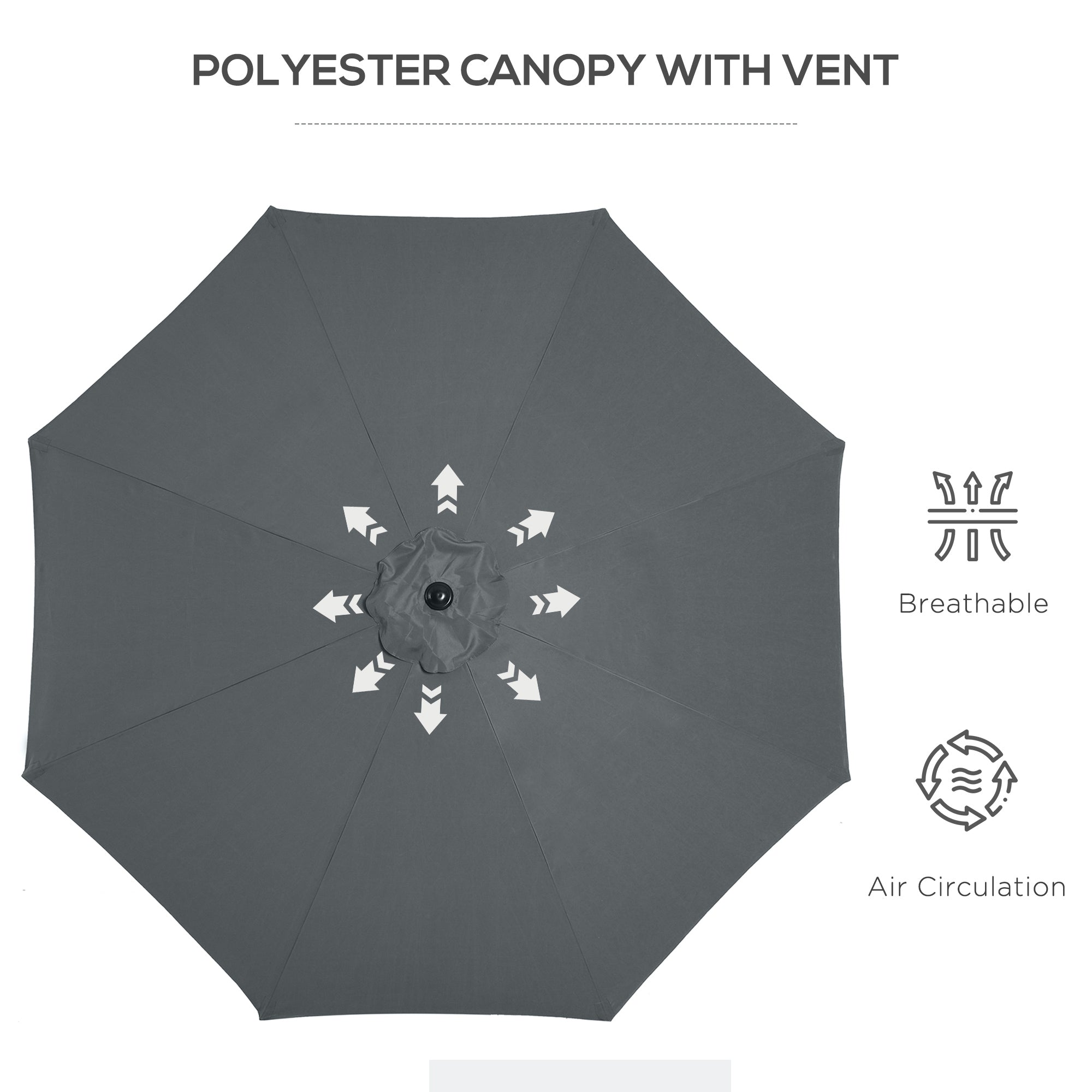 Outsunny 3(m) Tilting Parasol Garden Umbrellas, Outdoor Sun Shade with 8 Ribs, Tilt and Crank Handle for Balcony, Bench, Garden, Dark Grey - North Peak Garden Furniture