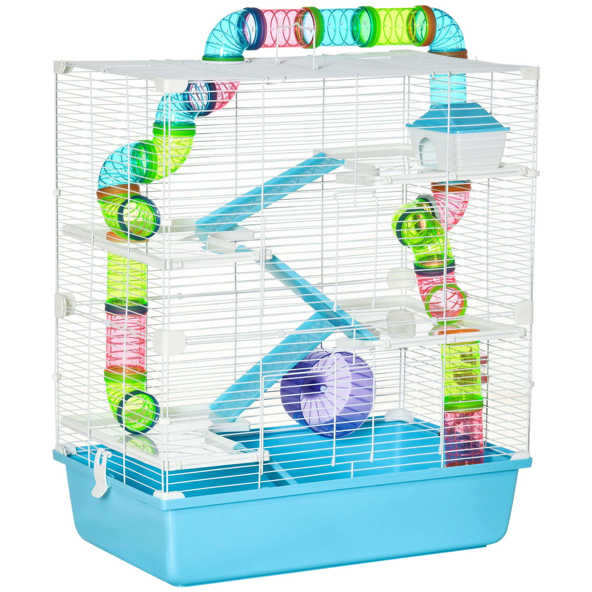 PawHut Hamster Cage w/ Water Bottle, Exercise Wheel, Tubes, Ramps - Light Blue - North Peak Garden Furniture