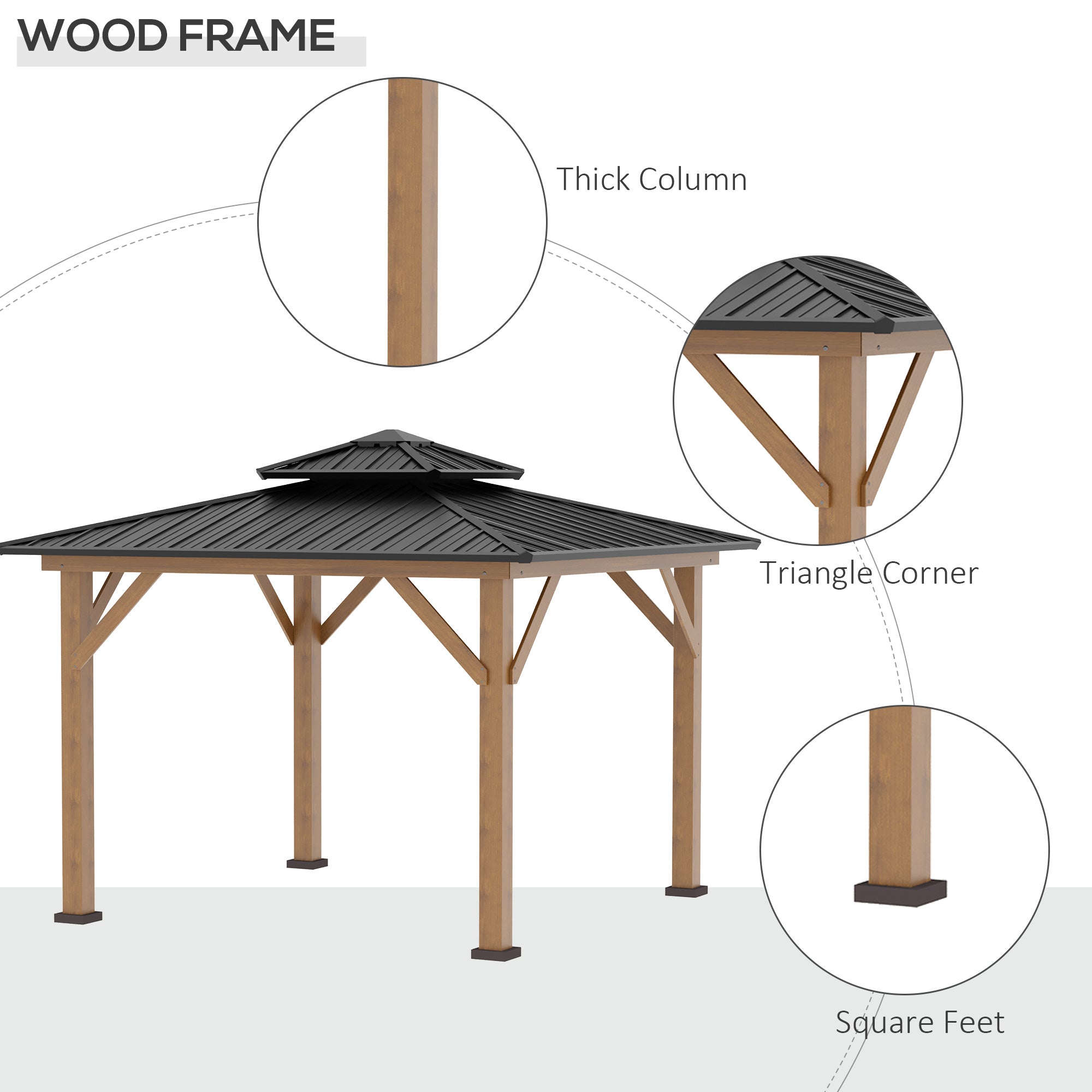 Outsunny 3.5 x 3.5m Outdoor Hardtop Gazebo Canopy with Two-tier Metal Roof and Solid Wood Frame Outdoor Patio Shelter for Patio, Garden, Grey - North Peak Garden Furniture
