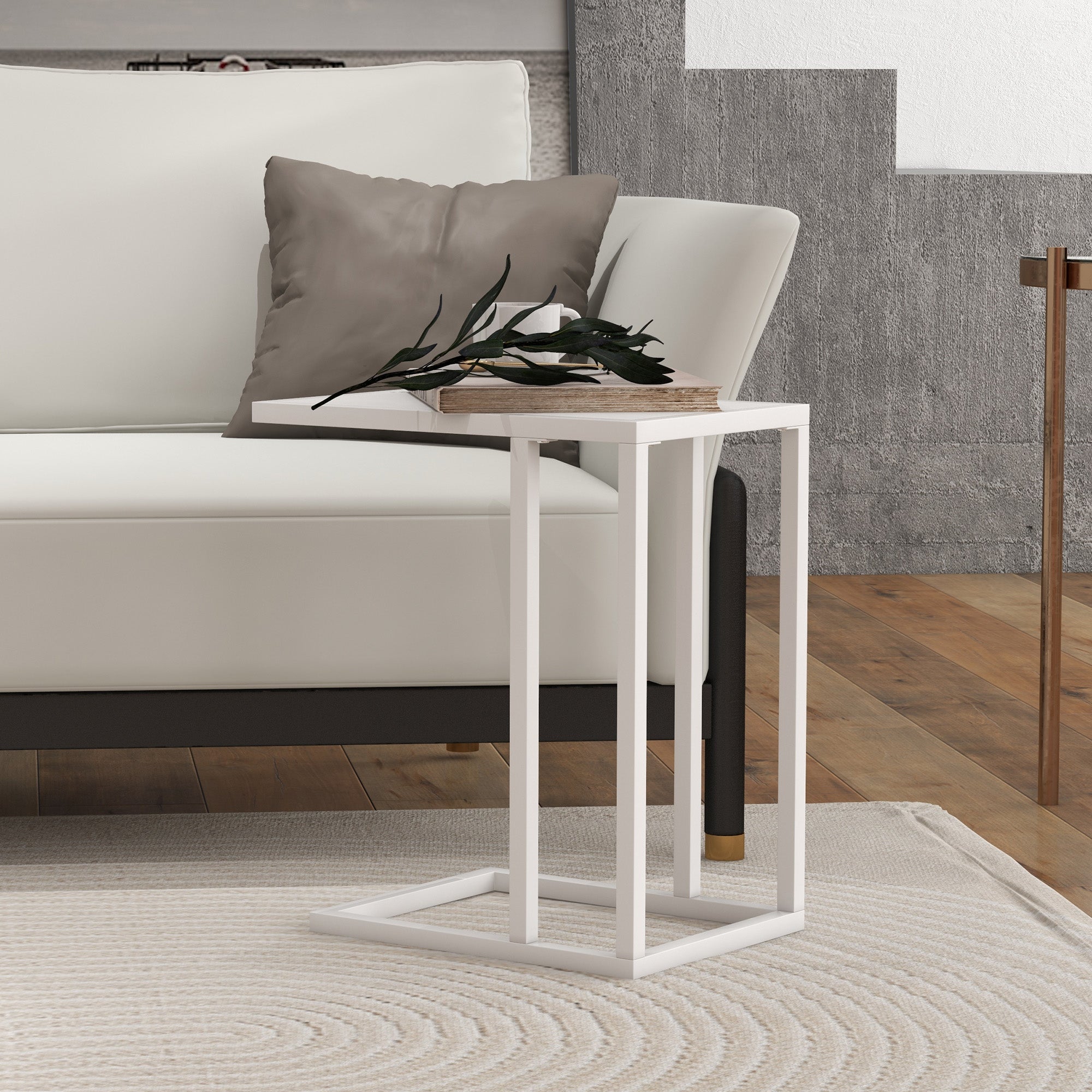 HOMCOM C Shape Bedside Table w/Metal Frame Wood-Effect Top Sofa Narrow Snack End Table for Living Room, White - North Peak Garden Furniture