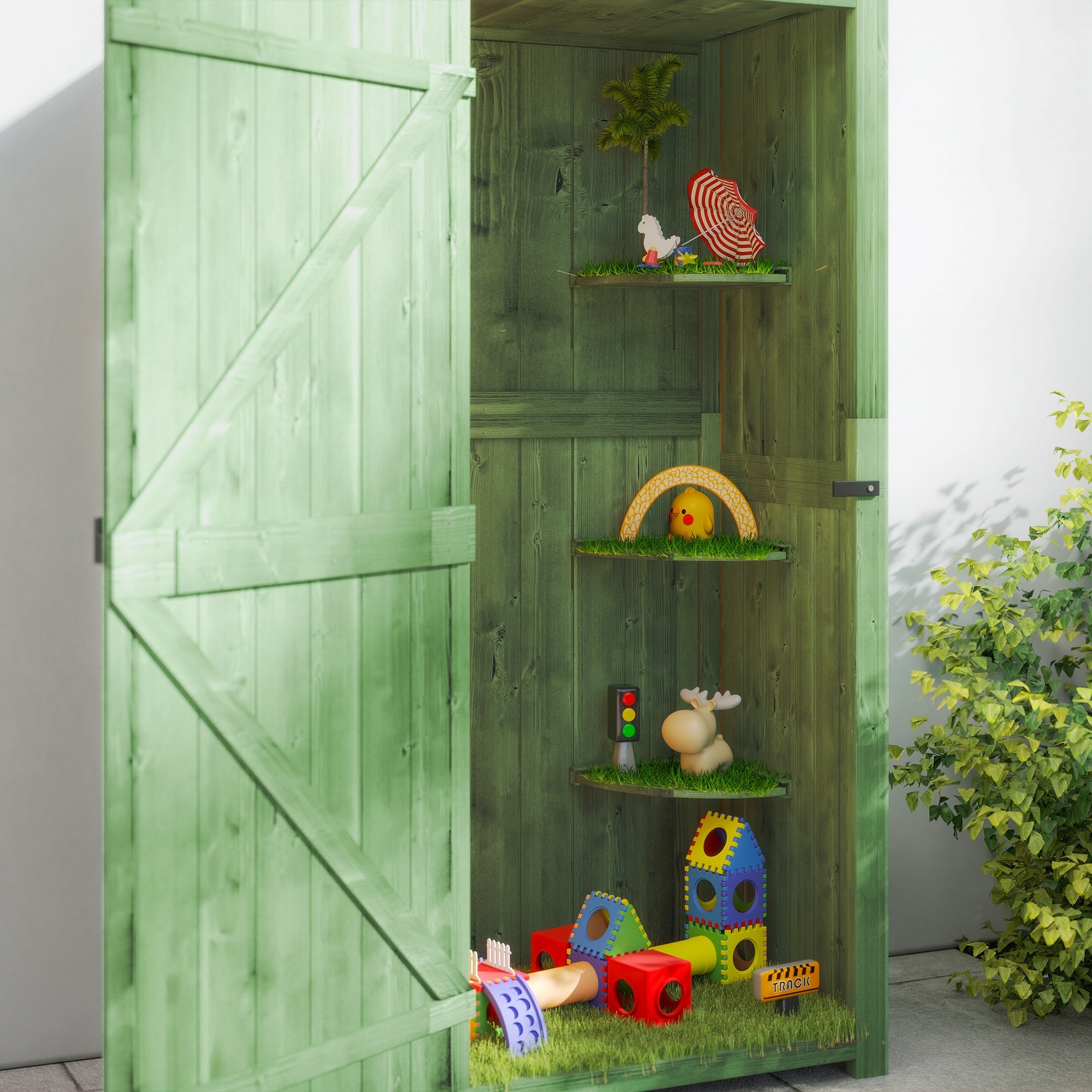 Outsunny Wooden Garden Shed, Utility Outdoor Small Shed with Lockable Double Doors, Shelves and Roof Hatch, Dark Green