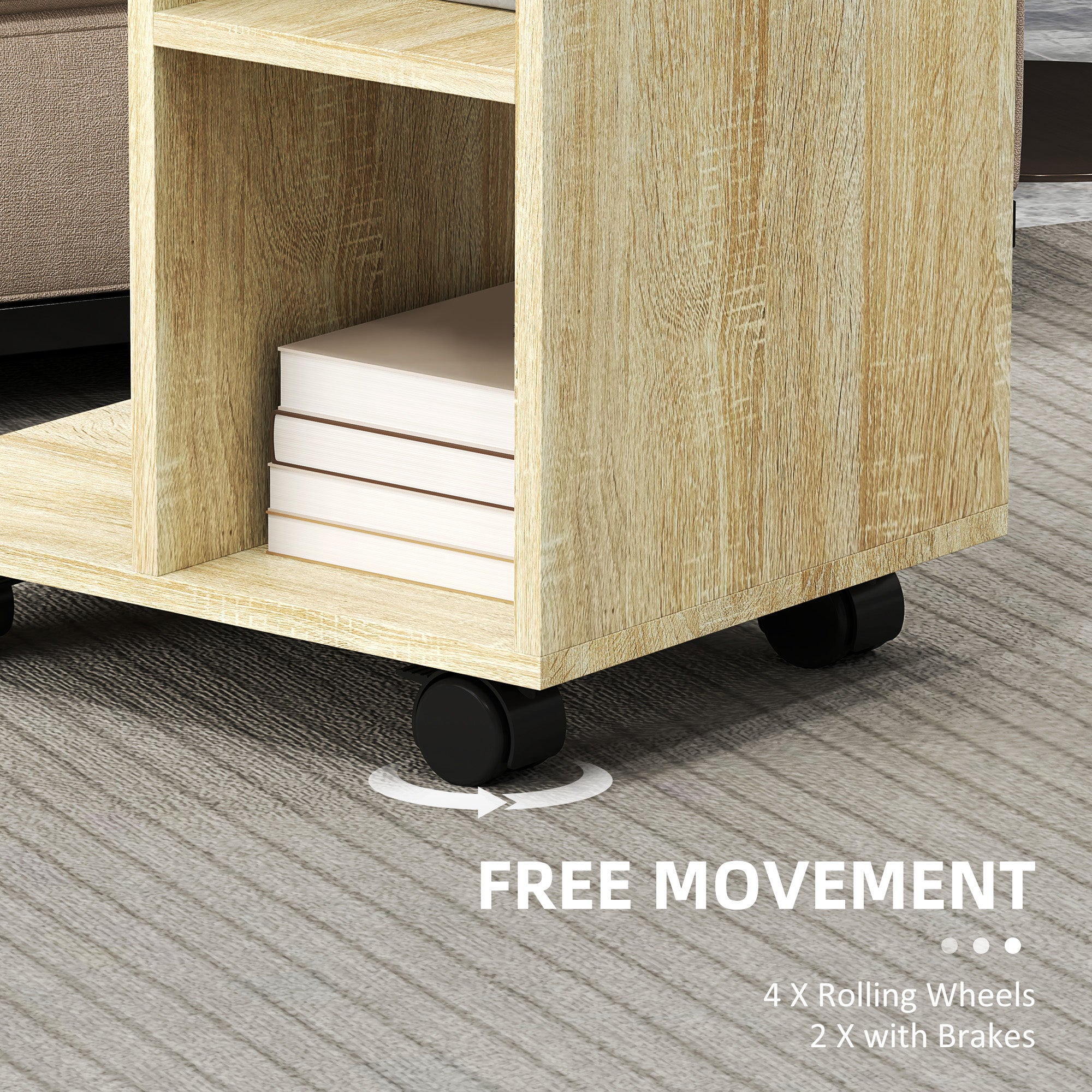 HOMCOM C-Shape End Table Unique Storage Unit w/ 2 Shelves 4 Wheels Freestanding Home Office Furniture Cabinet Square Studio Natural - North Peak Garden Furniture