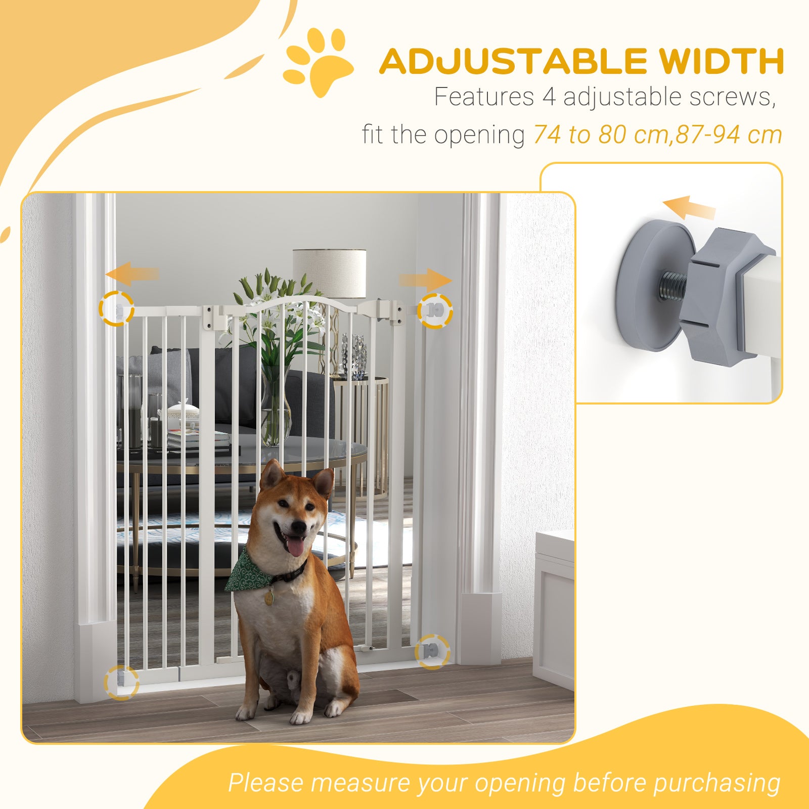 PawHut Pressure Fit Dog Stair Gate No Drilling Safety Gate Auto Close for Doorways, Hallways, 74-94cm Adjustable, 94cm Tall, White - North Peak Garden Furniture