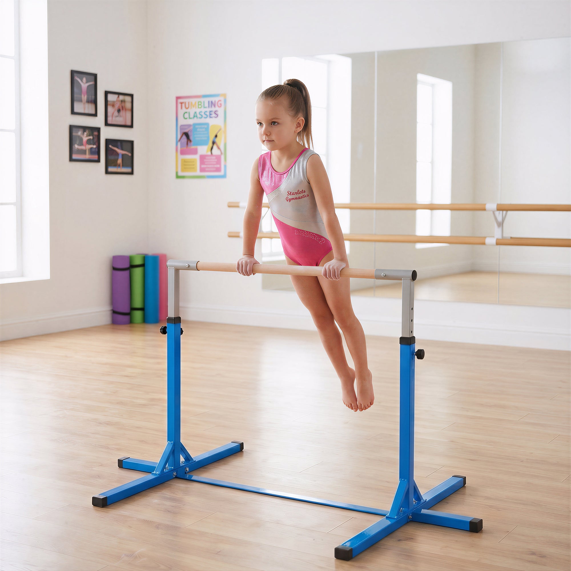 HOMCOM Height Adjustable Gymnastics Horizontal Bar For Kids Home Gym Training Children Junior Kip High Bar Fitness Blue