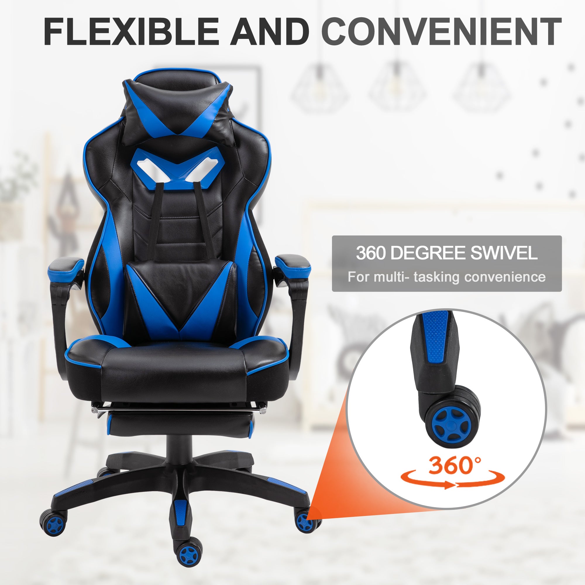 Vinsetto Faux Leather Reclining Gaming Chair, with Footrest - Blue/Black - North Peak Garden Furniture