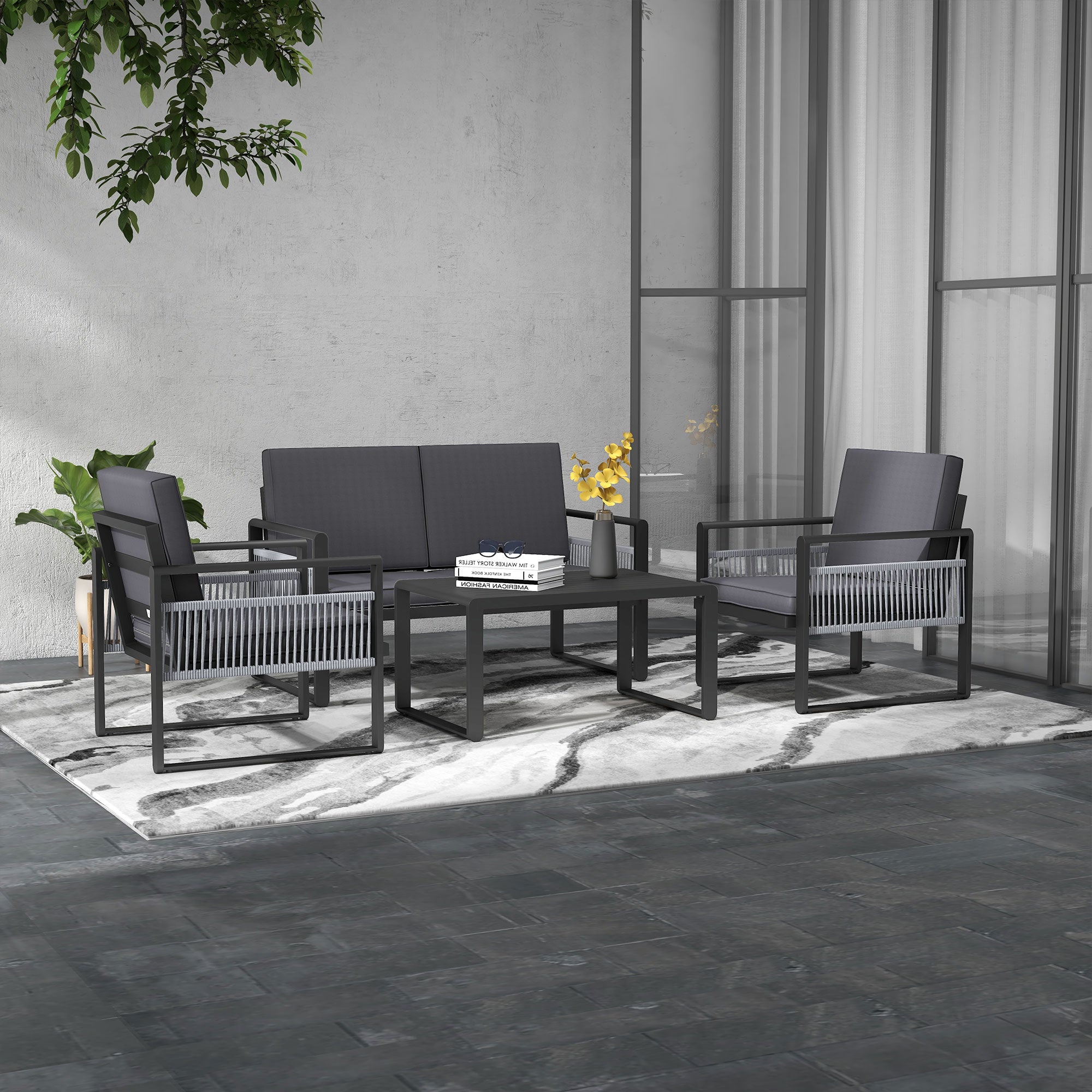 Outsunny Four-Piece Aluminium Garden Dining Set, with Cushions - North Peak Garden Furniture