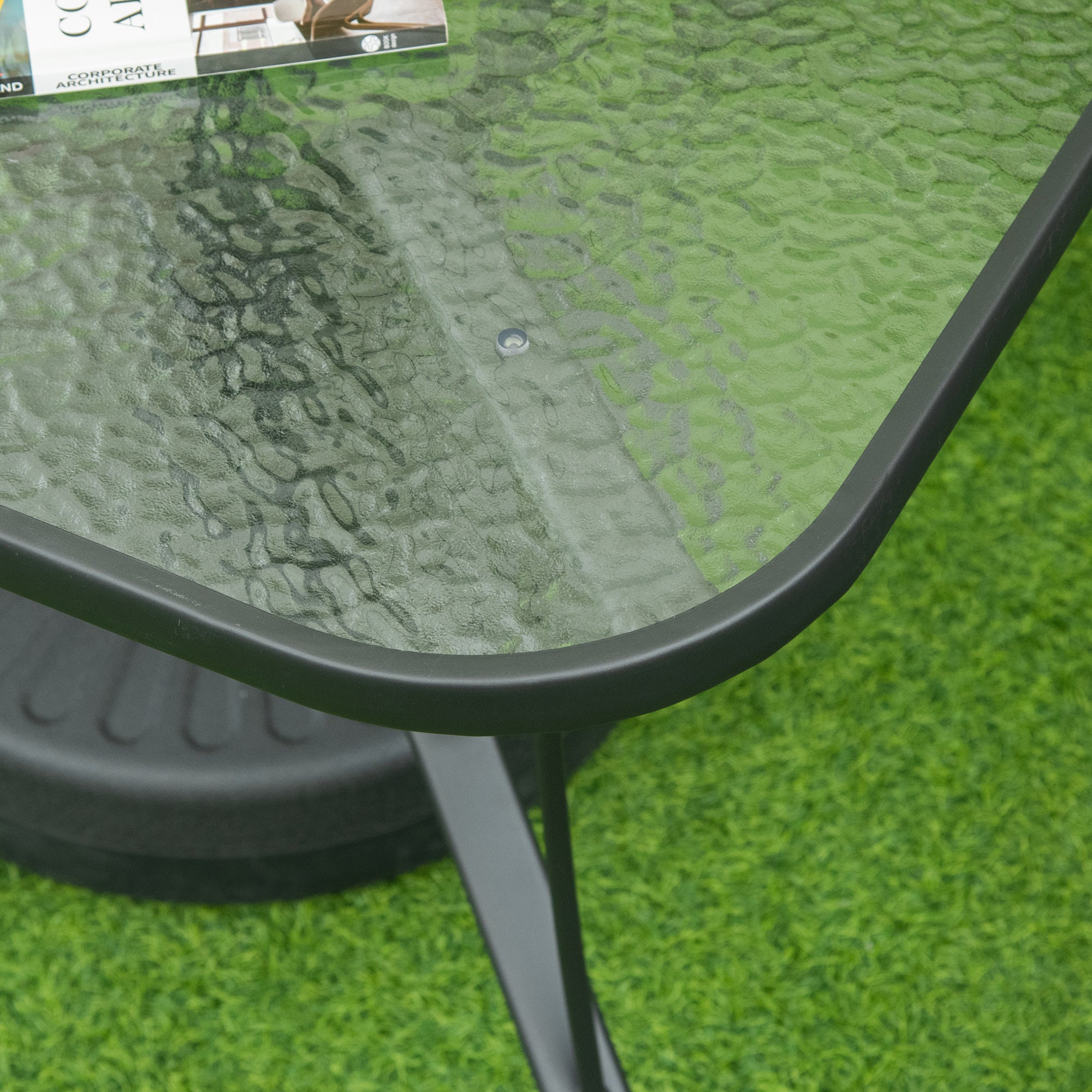 Outsunny Square Outdoor Garden Dining Table with Parasol Hole, Tempered Glass Top, Steel Frame for Garden, Lawn, Patio, Black - North Peak Garden Furniture