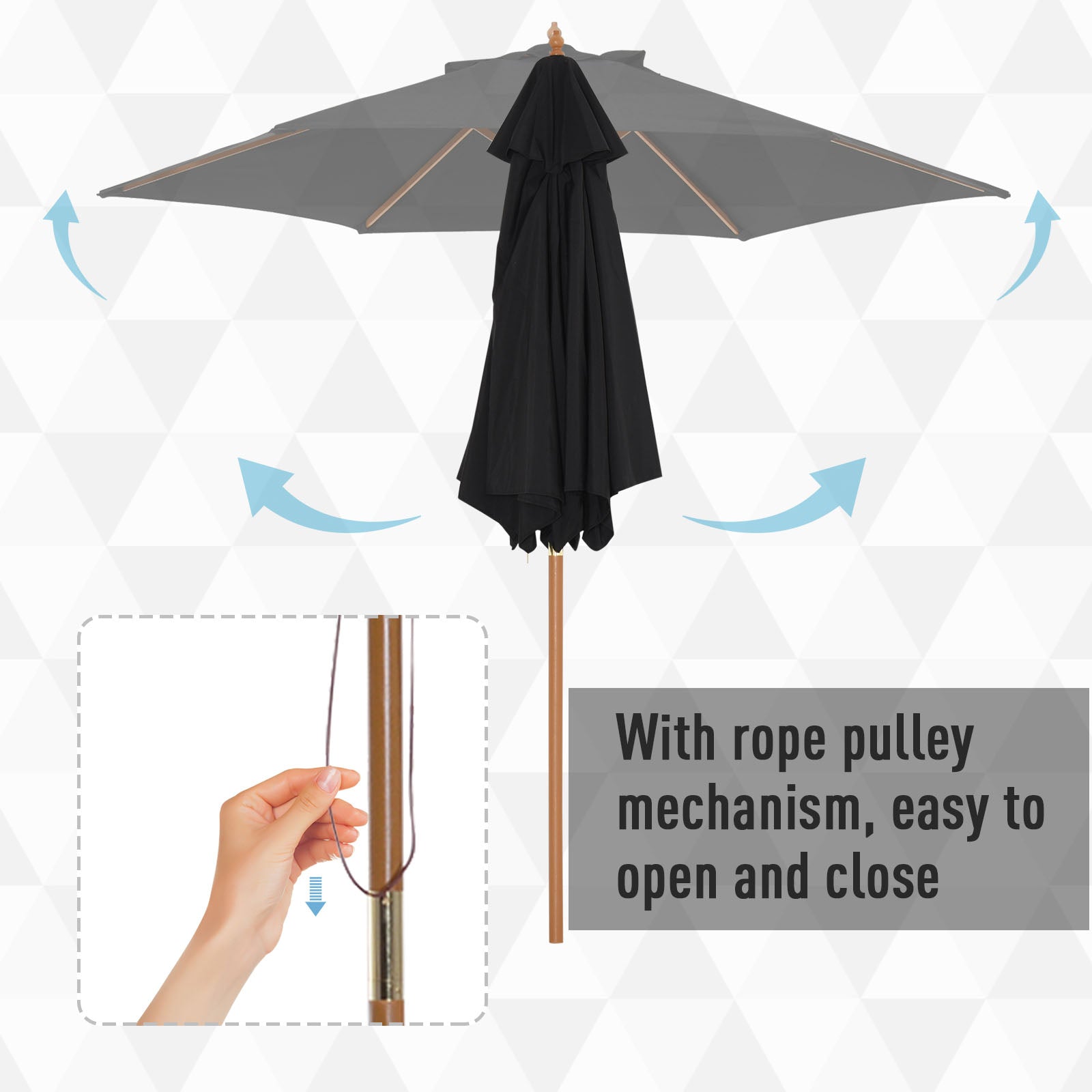 Outsunny 2.5m Wood Garden Parasol Sun Shade Patio Outdoor Wooden Umbrella Canopy Black - North Peak Garden Furniture