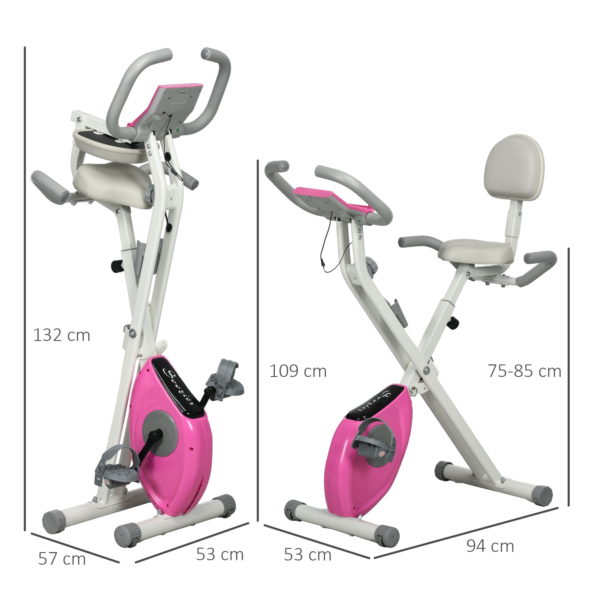 HOMCOM Folding Exercise Bike, with Adjustable Magnetic Resistance, Seat Height - White and Pink - North Peak Garden Furniture