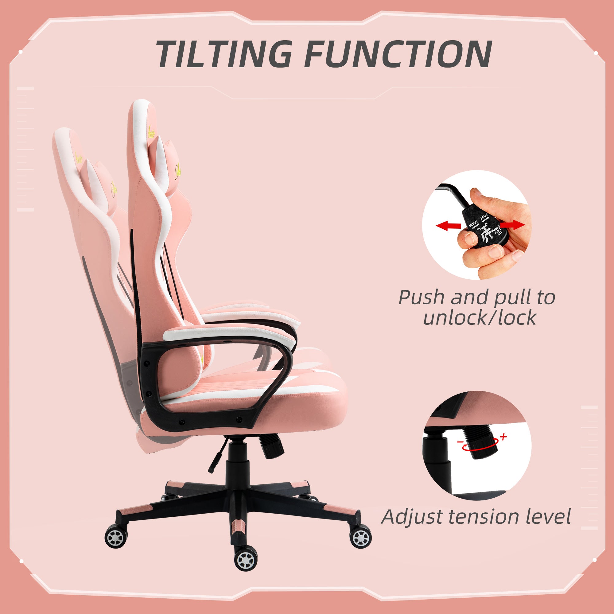Vinsetto Gaming Chair, Computer Desk Chair with Lumbar Support, Faux Leather Racing Chair with Headrest and Swivel Wheels for Home Office, Pink - North Peak Garden Furniture