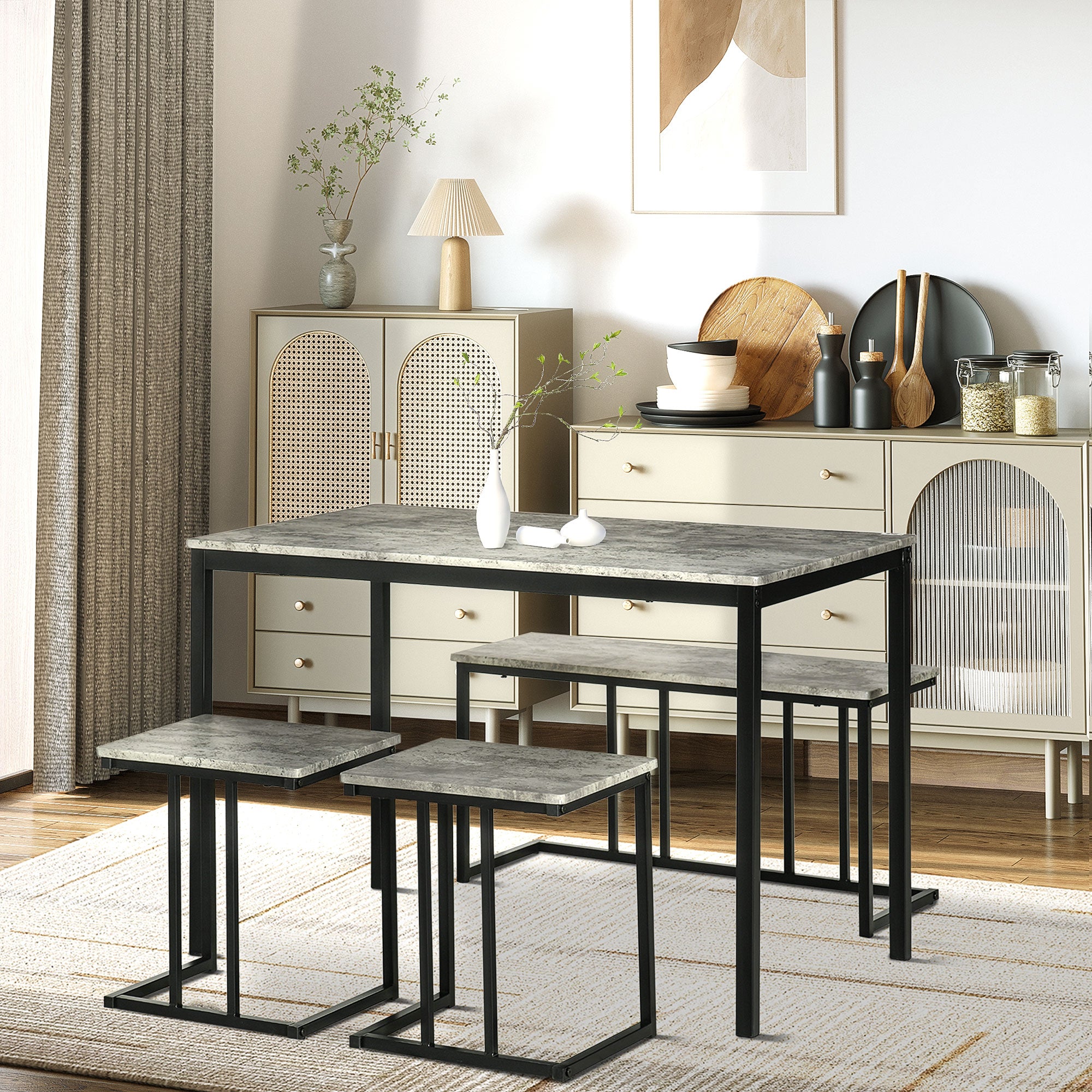 HOMCOM Dining Table and Chairs Set for 4 People, Concrete Effect Kitchen Table and Bench Set with Steel Frame, 4 Piece Dining Room Sets, Grey - North Peak Garden Furniture