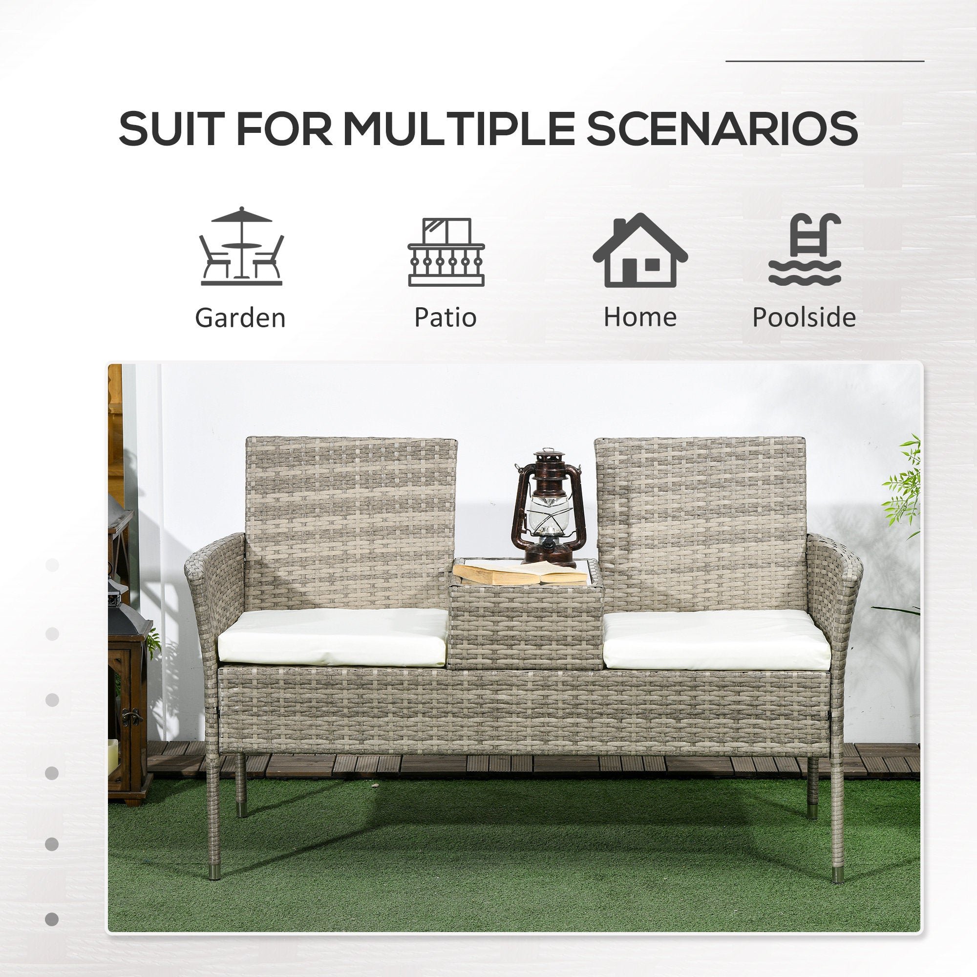 Outsunny Two-Seat Rattan Chair, with Middle Table - Grey - North Peak Garden Furniture
