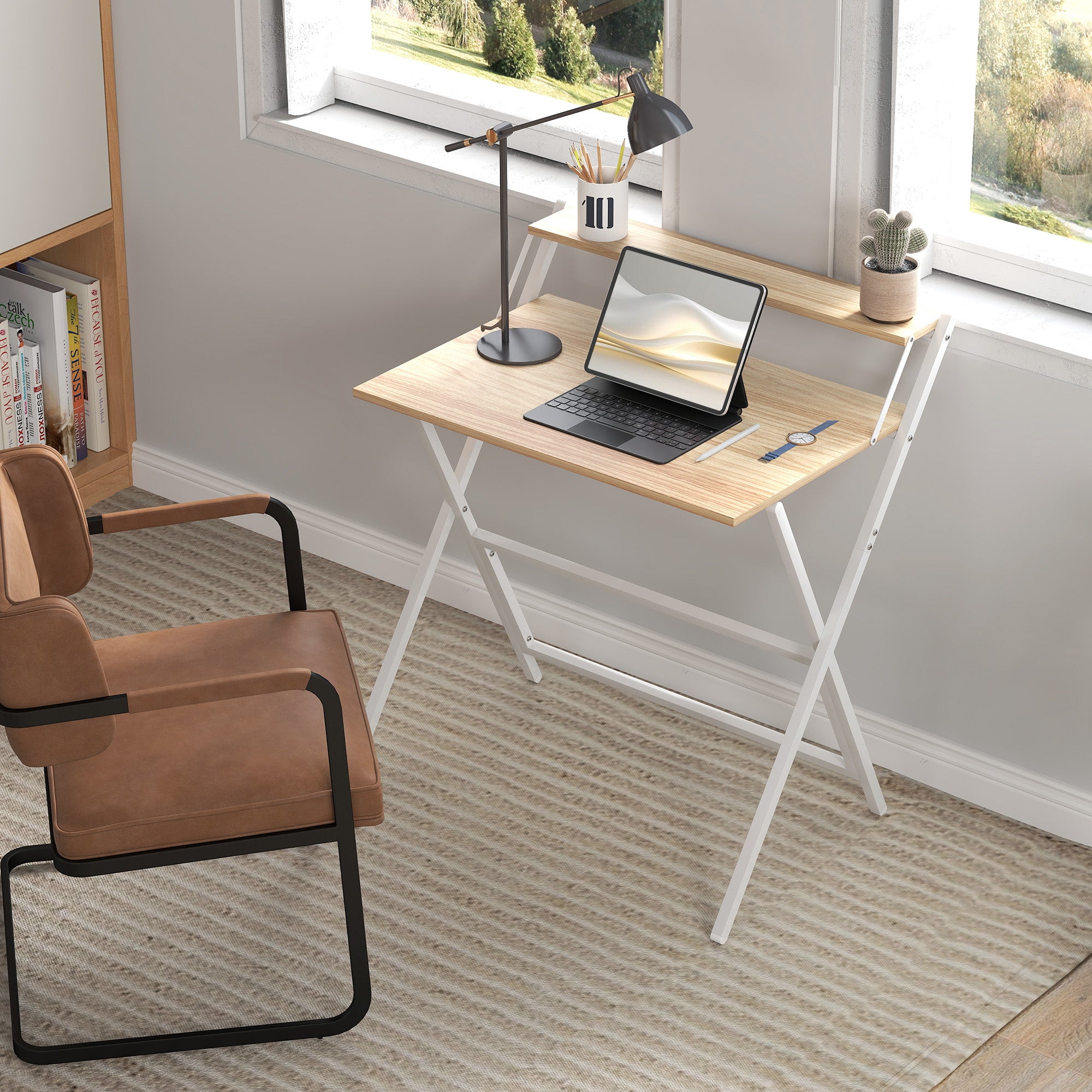 HOMCOM 81.5 cm Folding Computer Desk with Monitor Shelf - Natural Wood Finish - North Peak Garden Furniture