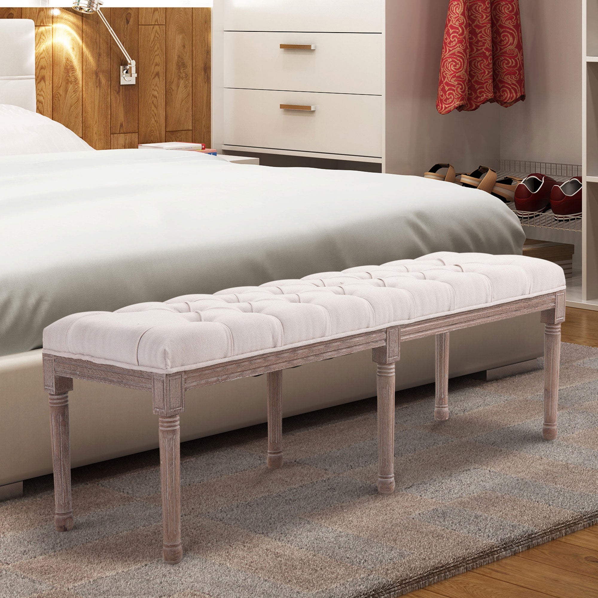 HOMCOM Bed End Side Chaise Lounge Sofa Stool Chic Button Tufted Window Hallway Seat Bench Wooden Leg Fabric Cover Padded Beige - North Peak Garden Furniture