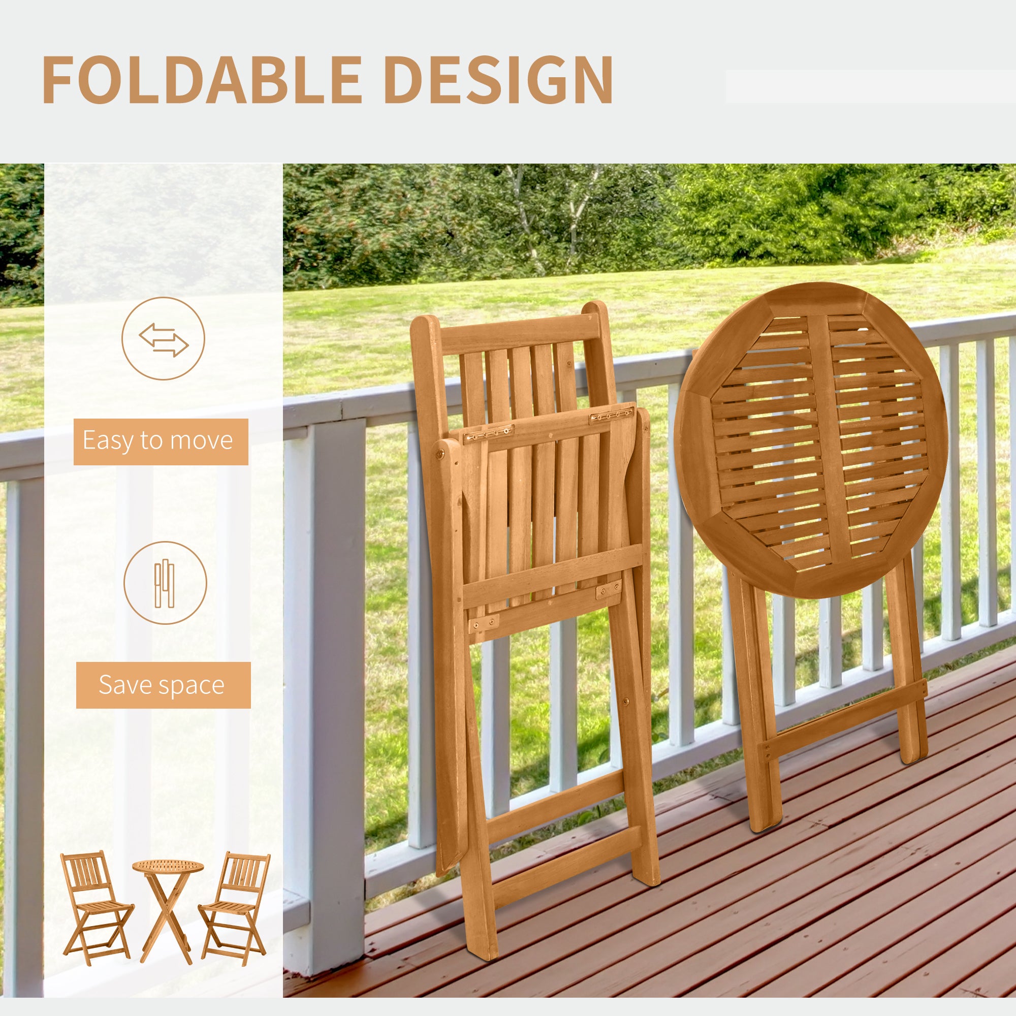 Outsunny 3 Piece Folding Bistro Set, Wooden Garden Table and Chairs for Outdoor, Patio, Yard, Porch, Teak - North Peak Garden Furniture