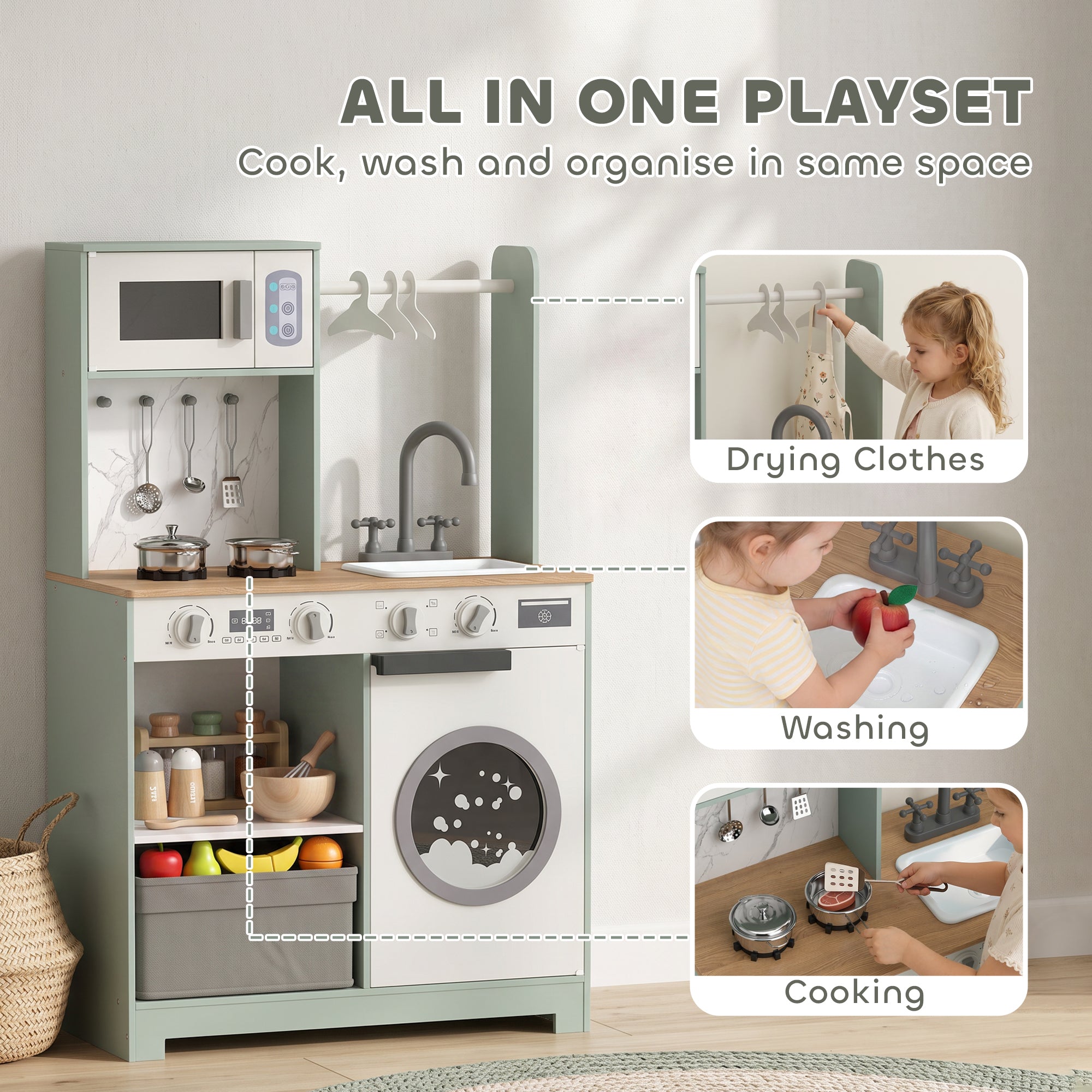 AIYAPLAY Kids Play Kitchen, Pretend Play Toy Kitchen Playset with Stove, Sink, Microwave, 5Pcs Accessories for 3-6 Years, Green
