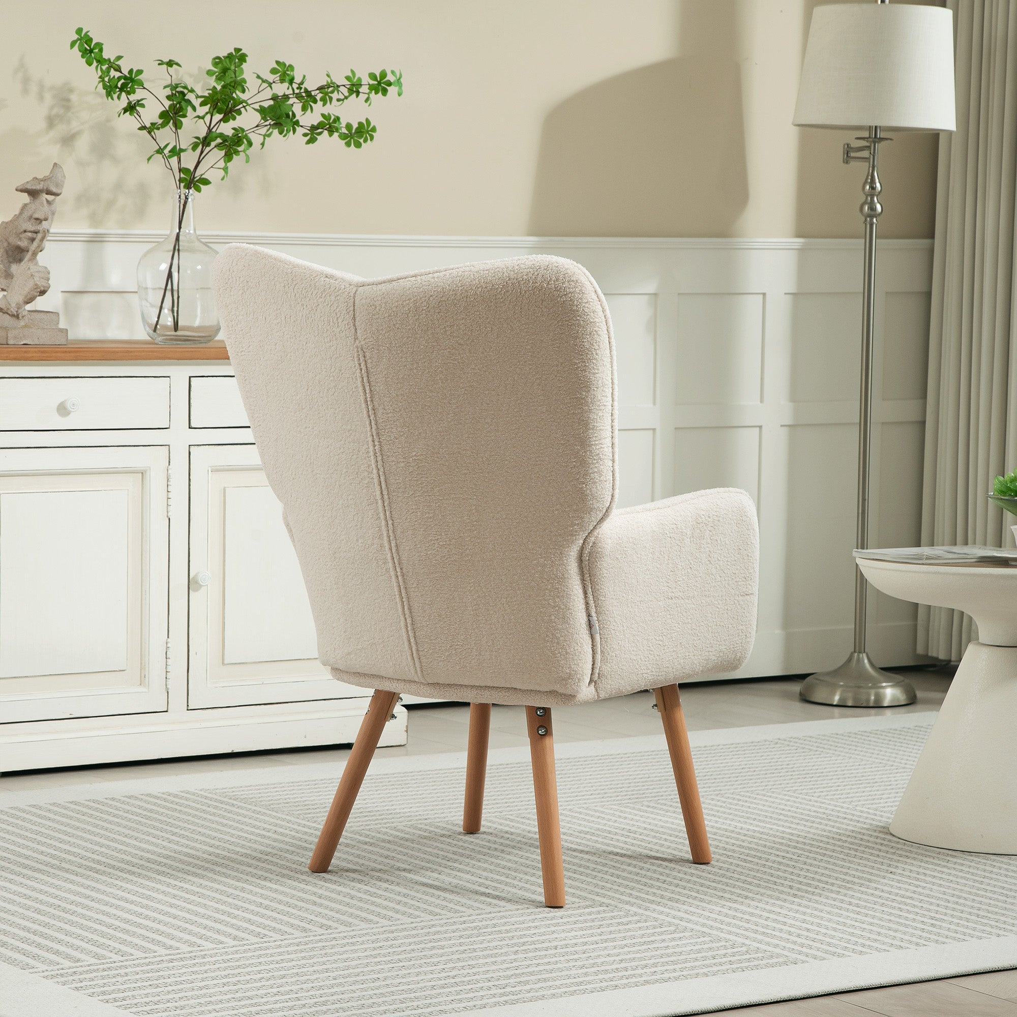 HOMCOM Modern Accent Chair, Upholstered Tufted Wingback Armchair with Seat Padding, Teddy Fleece Leisure Lounge Bedroom Chair with Wood Legs, Cream White - North Peak Garden Furniture