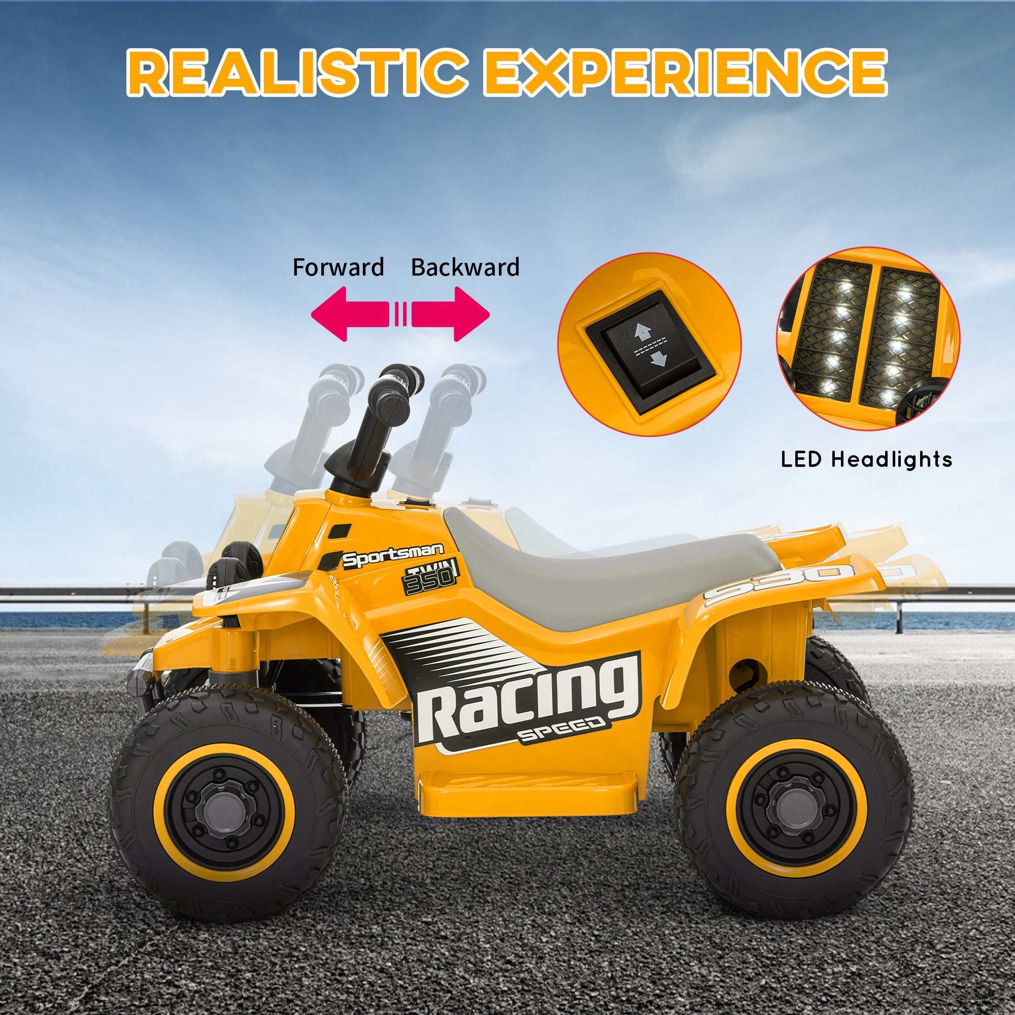 AIYAPLAY 6V Electric Quad Bike for Kids, Ride On ATV w/ Forward Backward, Headlights, for 18-36 Months - Yellow - North Peak Garden Furniture