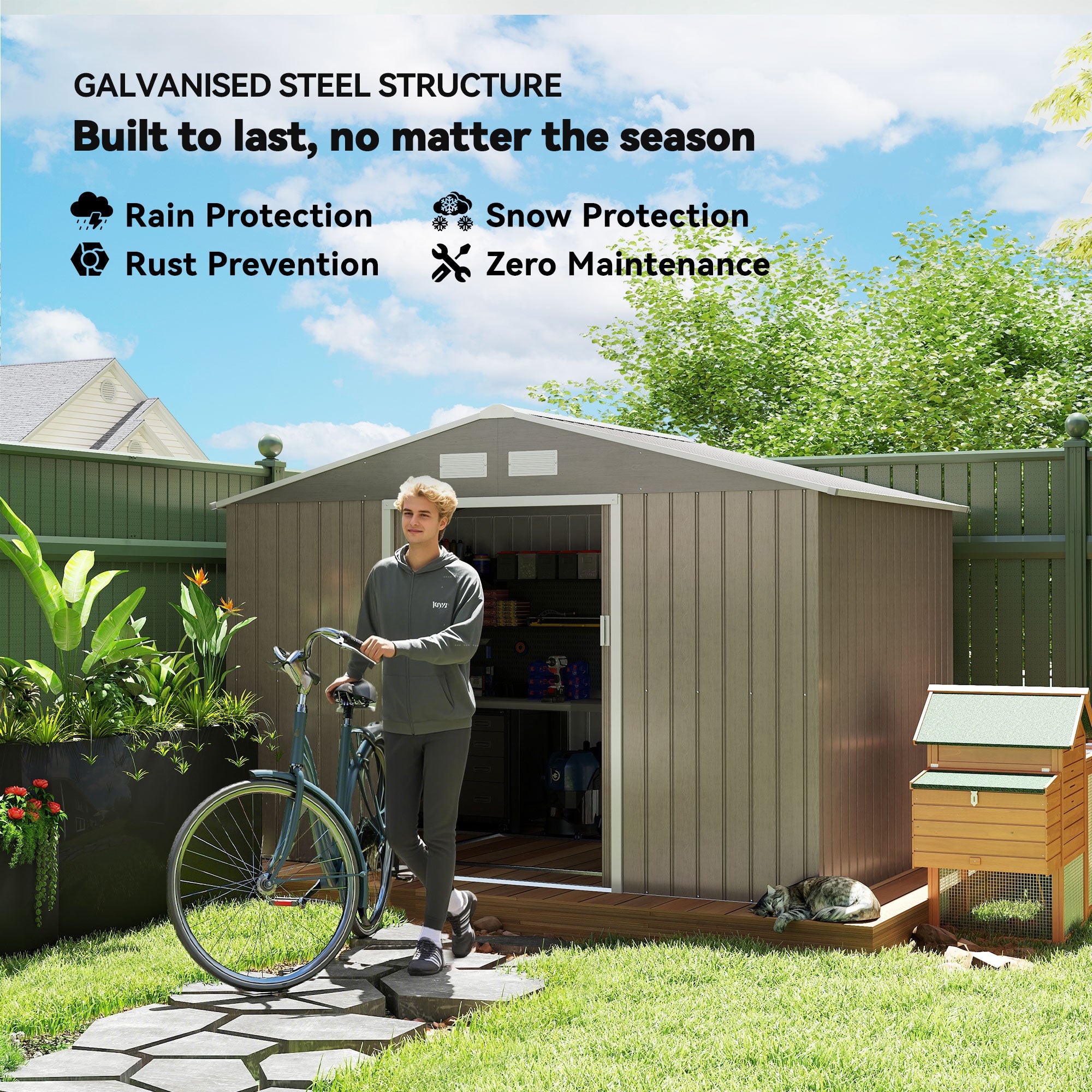 Outsunny 9 x 6ft Garden Metal Storage Shed, Outdoor Storage Tool House with Vents, Foundation and Lockable Double Doors, Brown