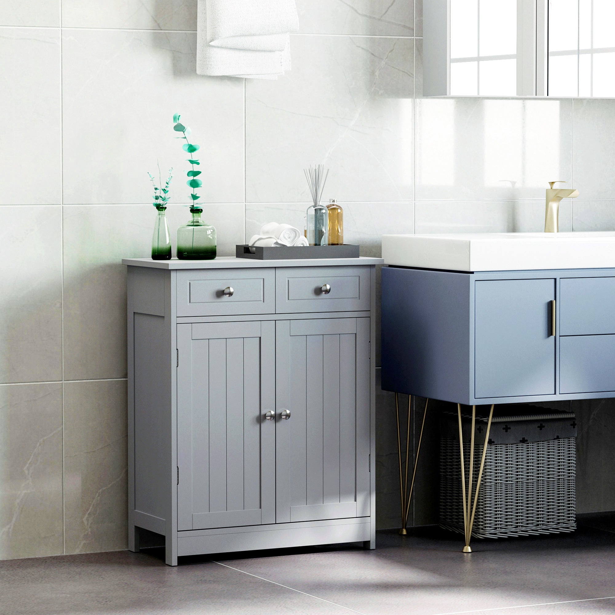 kleankin 75x60cm Freestanding Bathroom Storage Cabinet Unit w/ 2 Drawers Cupboard Adjustable Shelf Metal Handles Traditional Style Grey - North Peak Garden Furniture