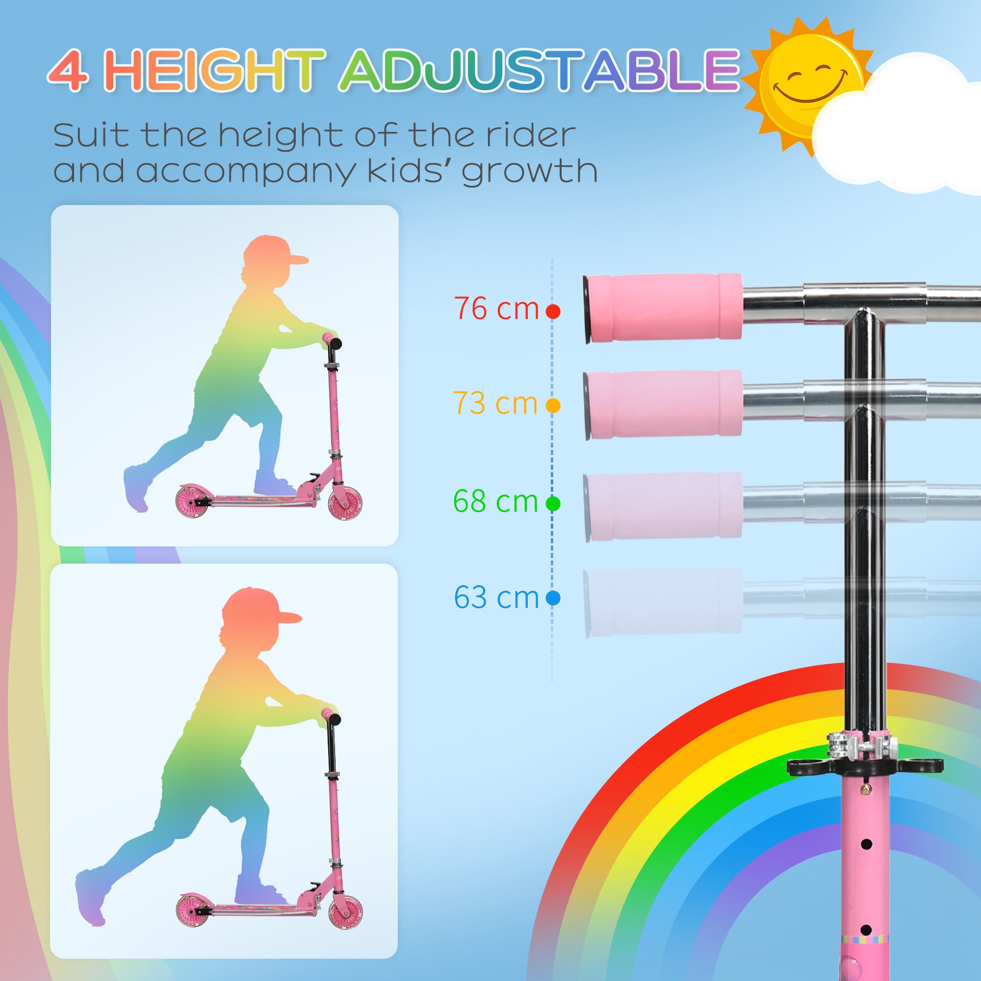HOMCOM Kids Scooter, with Lights, Music, Adjustable Height, Foldable Frame, for Ages 3-7 Years - Pink - North Peak Garden Furniture