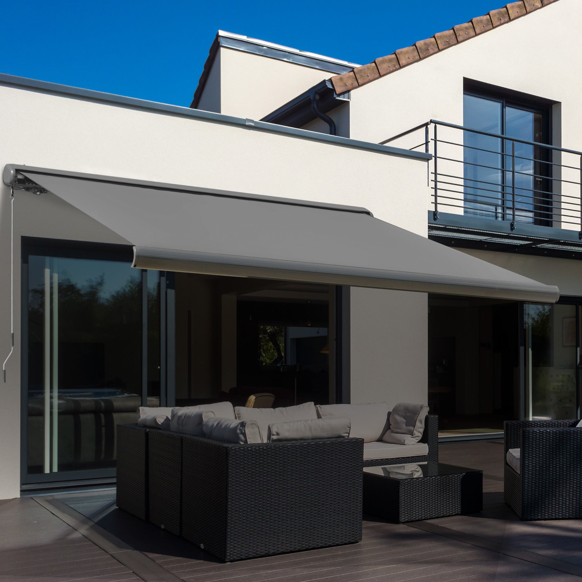 Outsunny 3x2.5m Electric Motorised Awning Door Window w/ Full Cassette Case Remote Patio Canopy Retractable Sun Shade Dark Grey - North Peak Garden Furniture