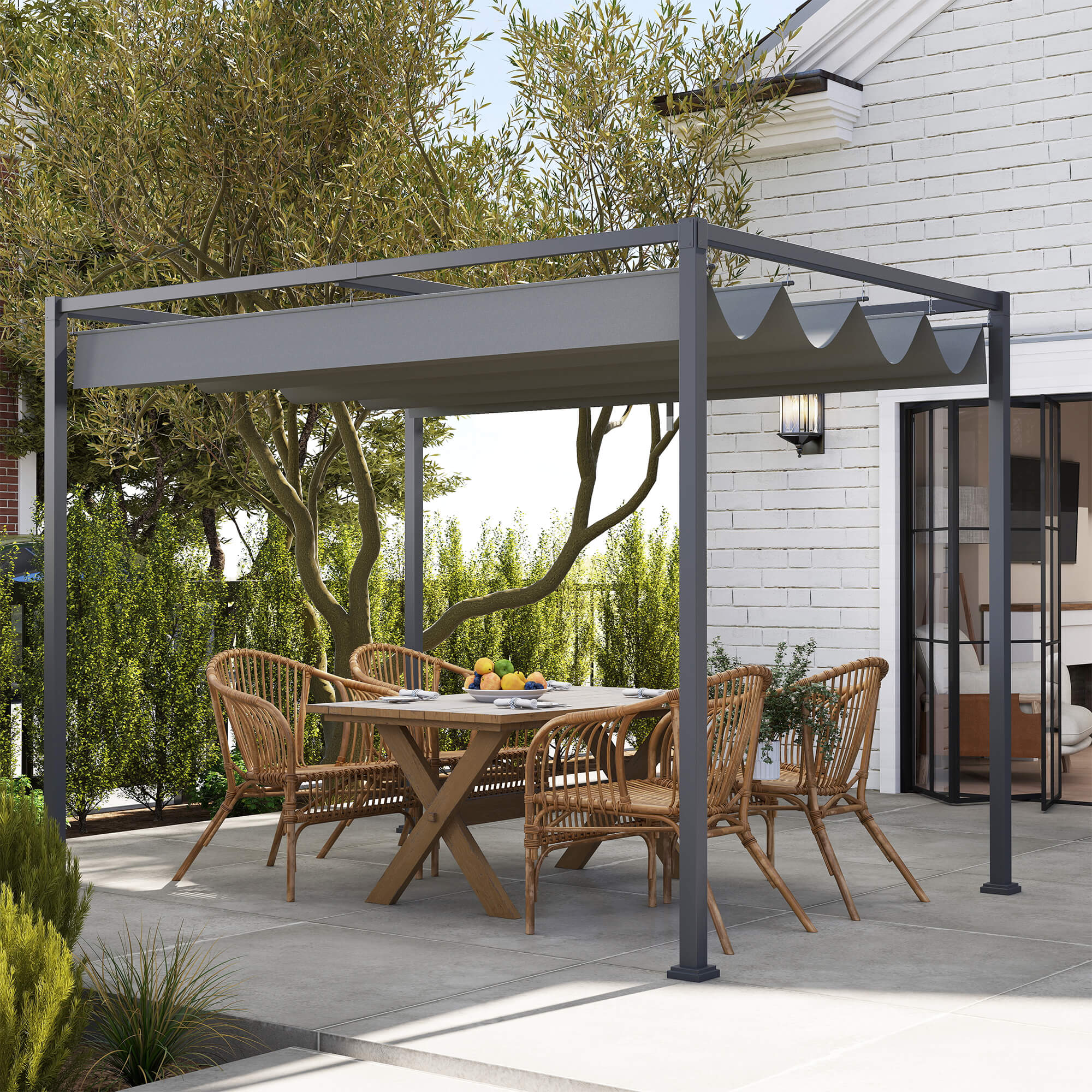 Outsunny 3 x 2m Metal Outdoor Pergola with Retractable Roof, Outdoor Gazebo Canopy Shelter with Drainage Holes for Garden, Patio, Lawn, Grey - North Peak Garden Furniture